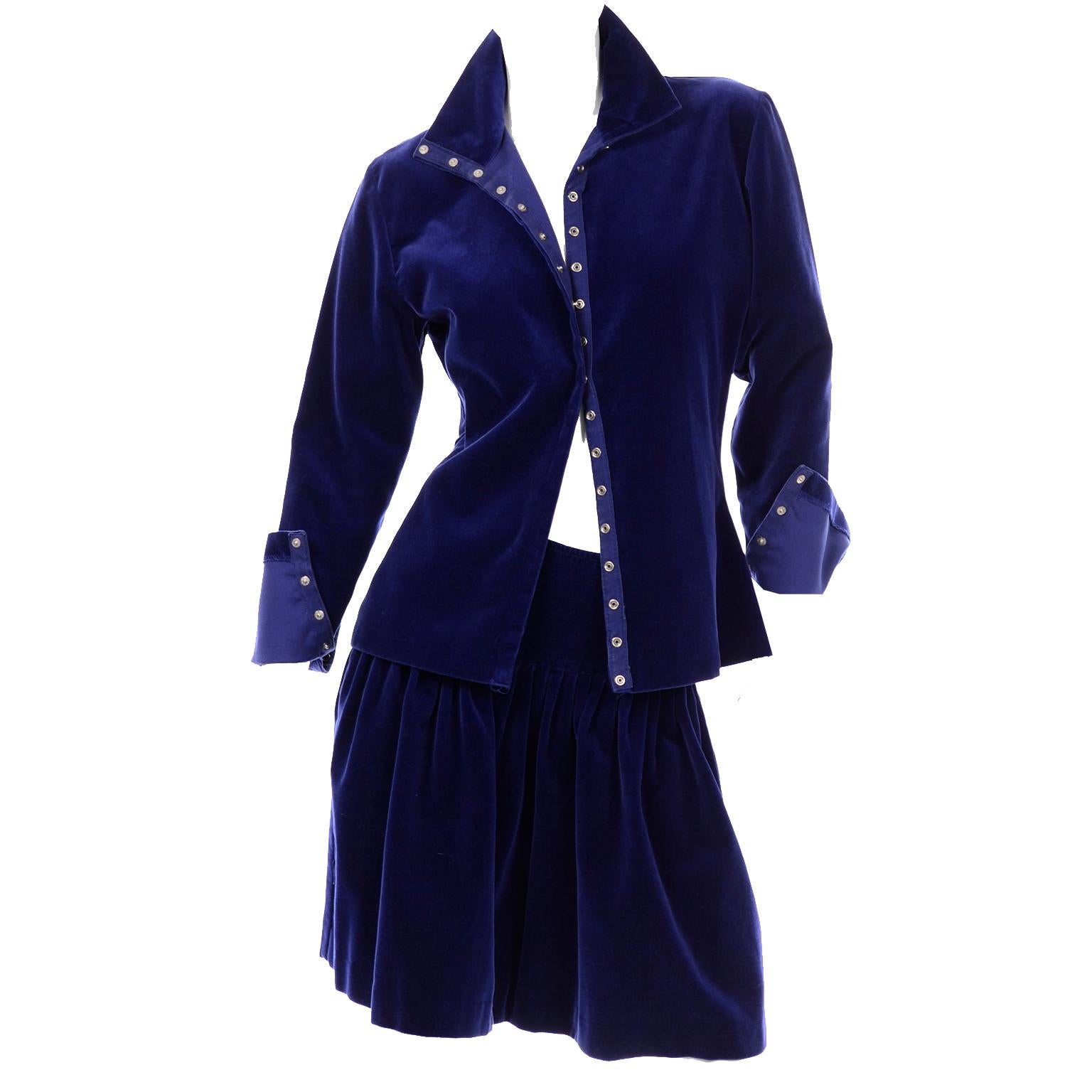 Blue Velvet Vintage Norma Kamali Sweatshirt Style Evening Skirt & Top w Snaps 3