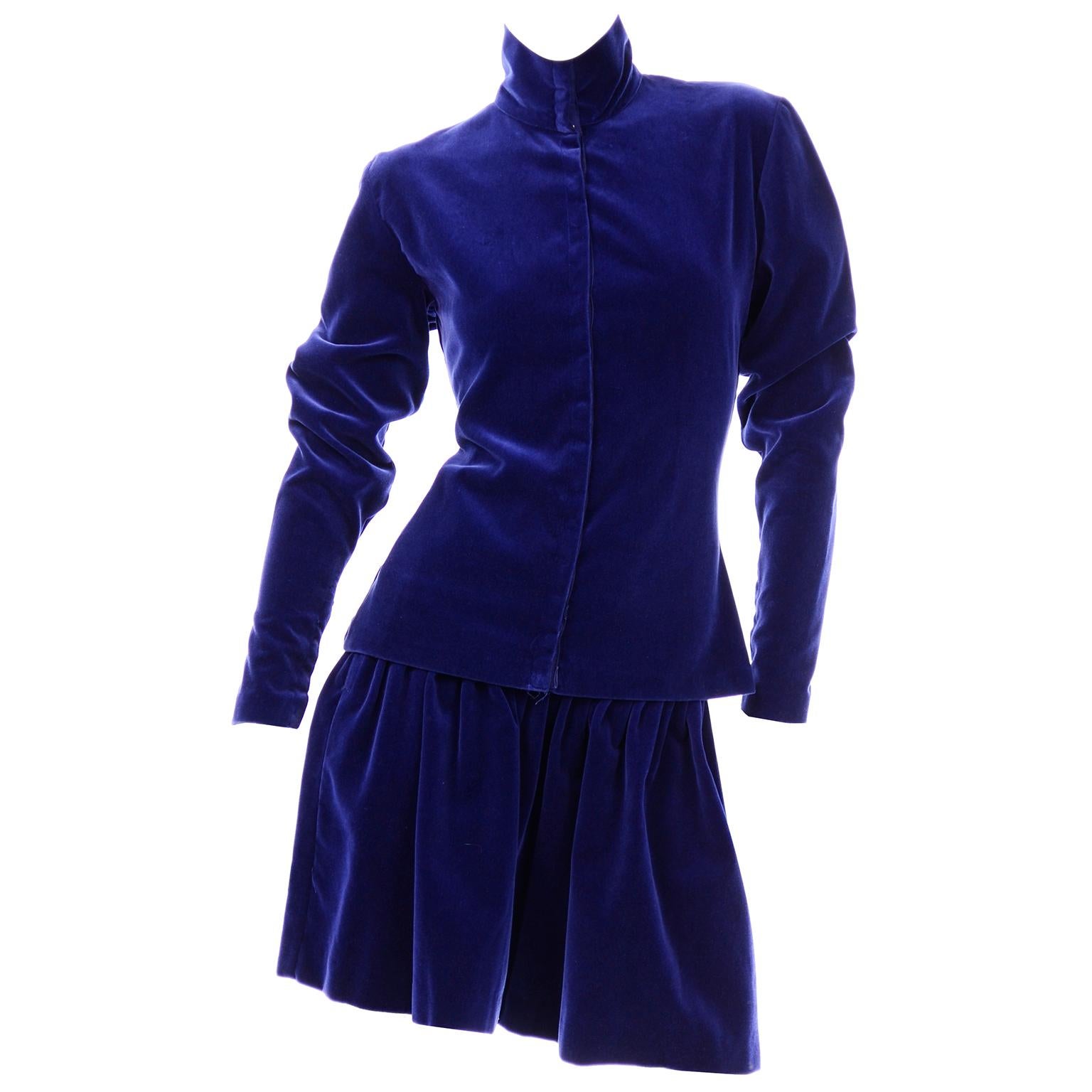 Blue Velvet Vintage Norma Kamali Sweatshirt Style Evening Skirt & Top w Snaps 4