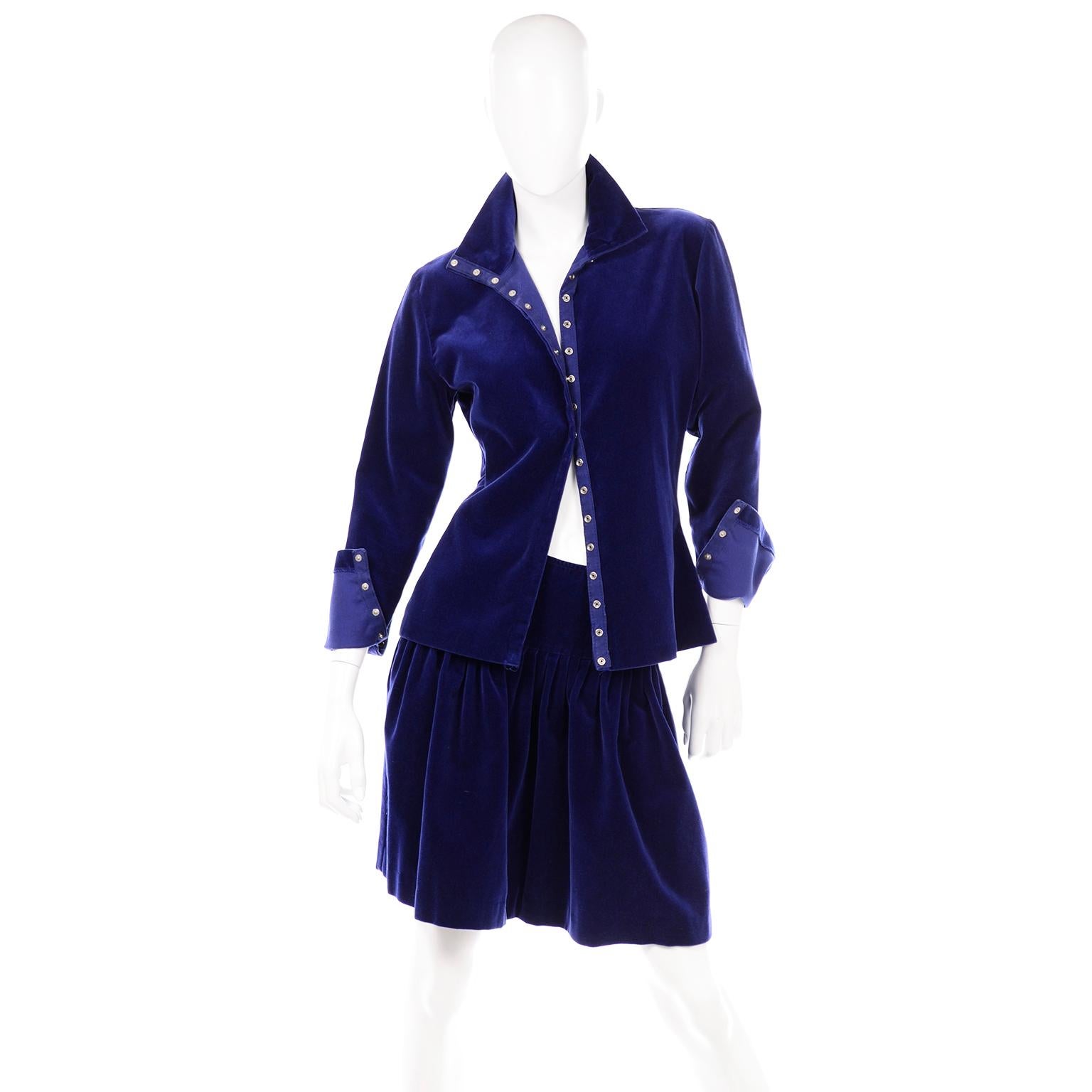 Norma Kamali was designing athleisure wear before there was a name for it!  She is one of our personal favorite designers and always search for her vintage pieces.  This is a two piece avant garde luxe royal blue velvet 2 piece evening dress