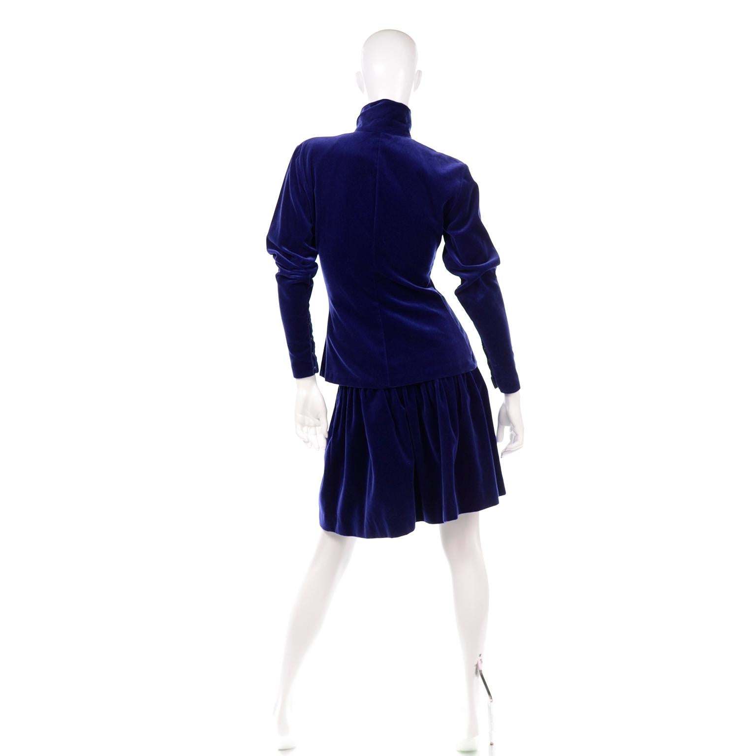 Black Blue Velvet Vintage Norma Kamali Sweatshirt Style Evening Skirt & Top w Snaps