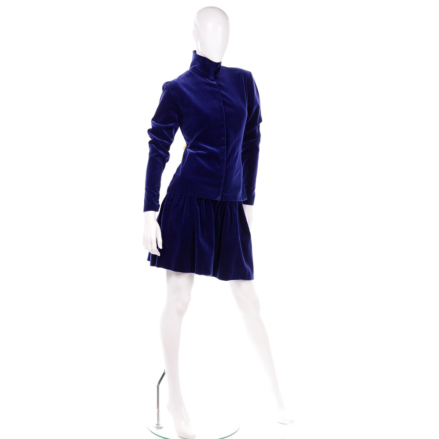 Men's Blue Velvet Vintage Norma Kamali Sweatshirt Style Evening Skirt & Top w Snaps