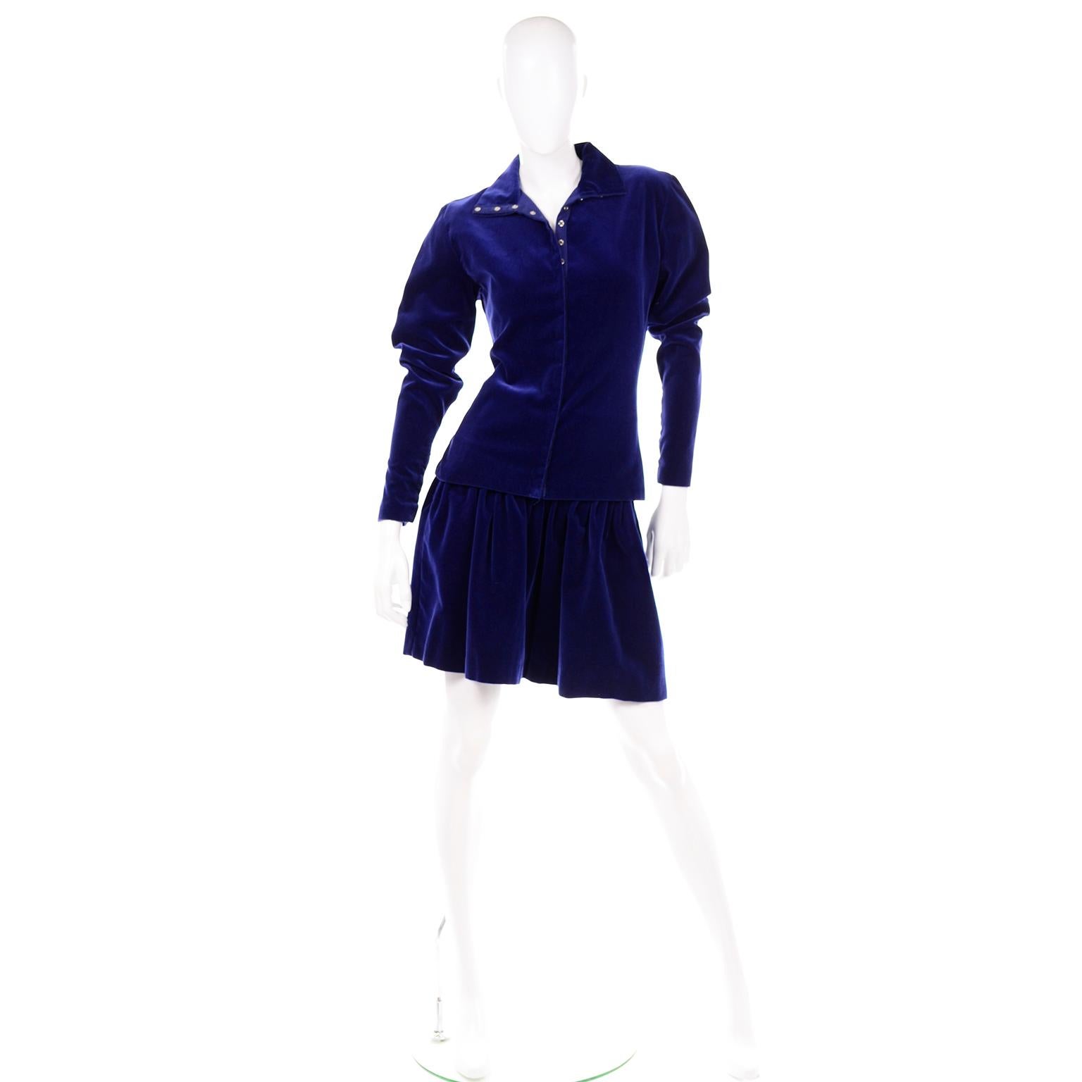 Blue Velvet Vintage Norma Kamali Sweatshirt Style Evening Skirt & Top w Snaps 1