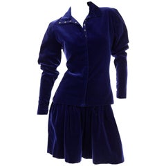 Blue Velvet Vintage Norma Kamali Sweatshirt Style Evening Skirt & Top w Snaps
