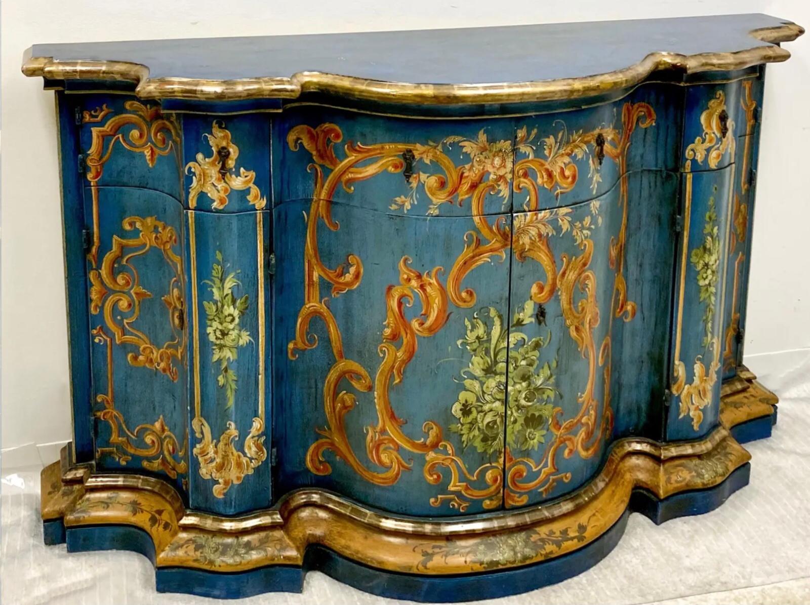 Blue Venetian and Silver Gilt Cabinet, circa 1950 In Good Condition In Kennesaw, GA