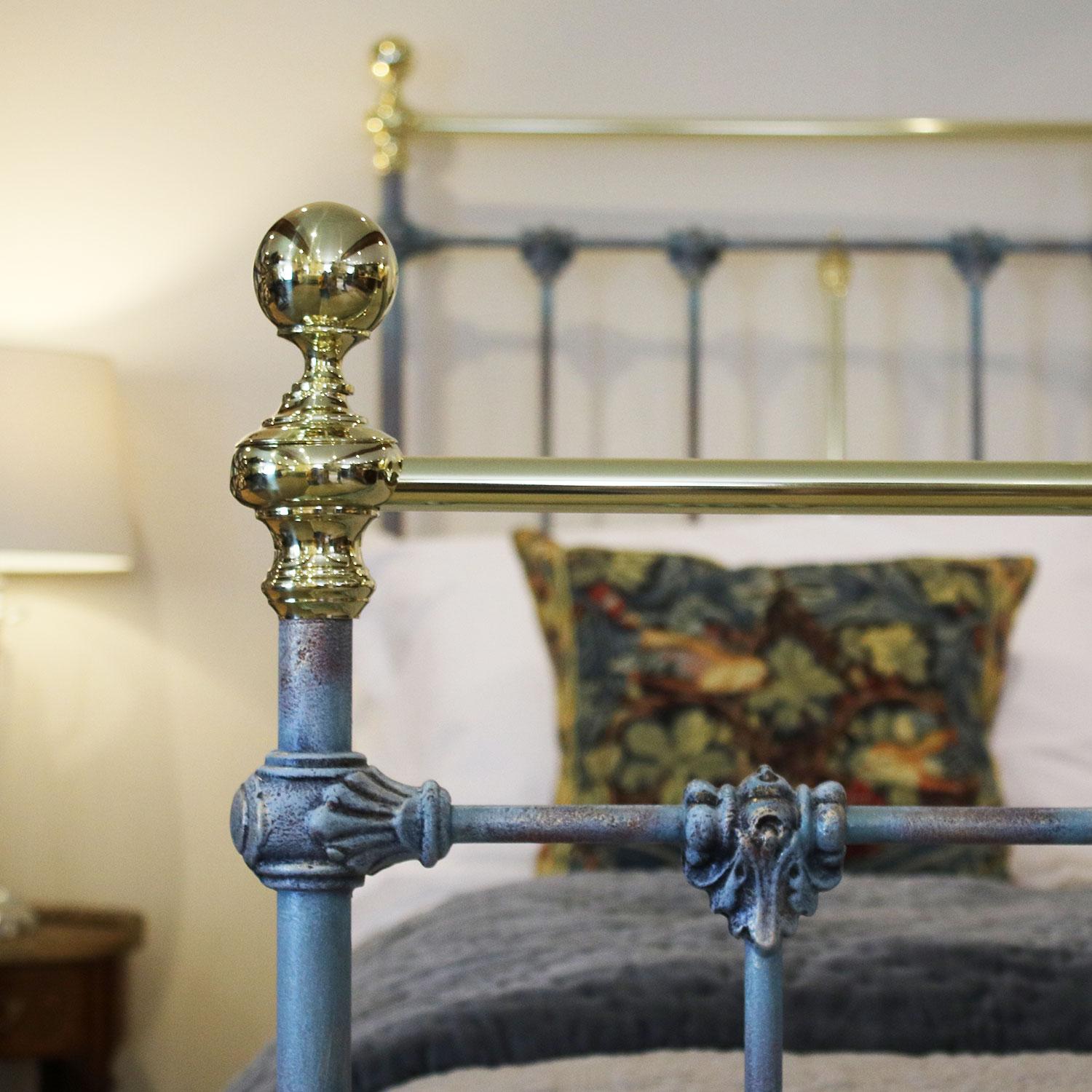 A superb brass and iron bedstead with decorative castings in Blue Verdigris.

This bed accepts a British king-size or US queen-size (measure: 5ft, 60 in or 150cm wide) base and mattress set.

The price is for the bed frame alone. The base,