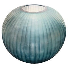 Blue Vertical Cut Glass Vase, Romania, Contemporary