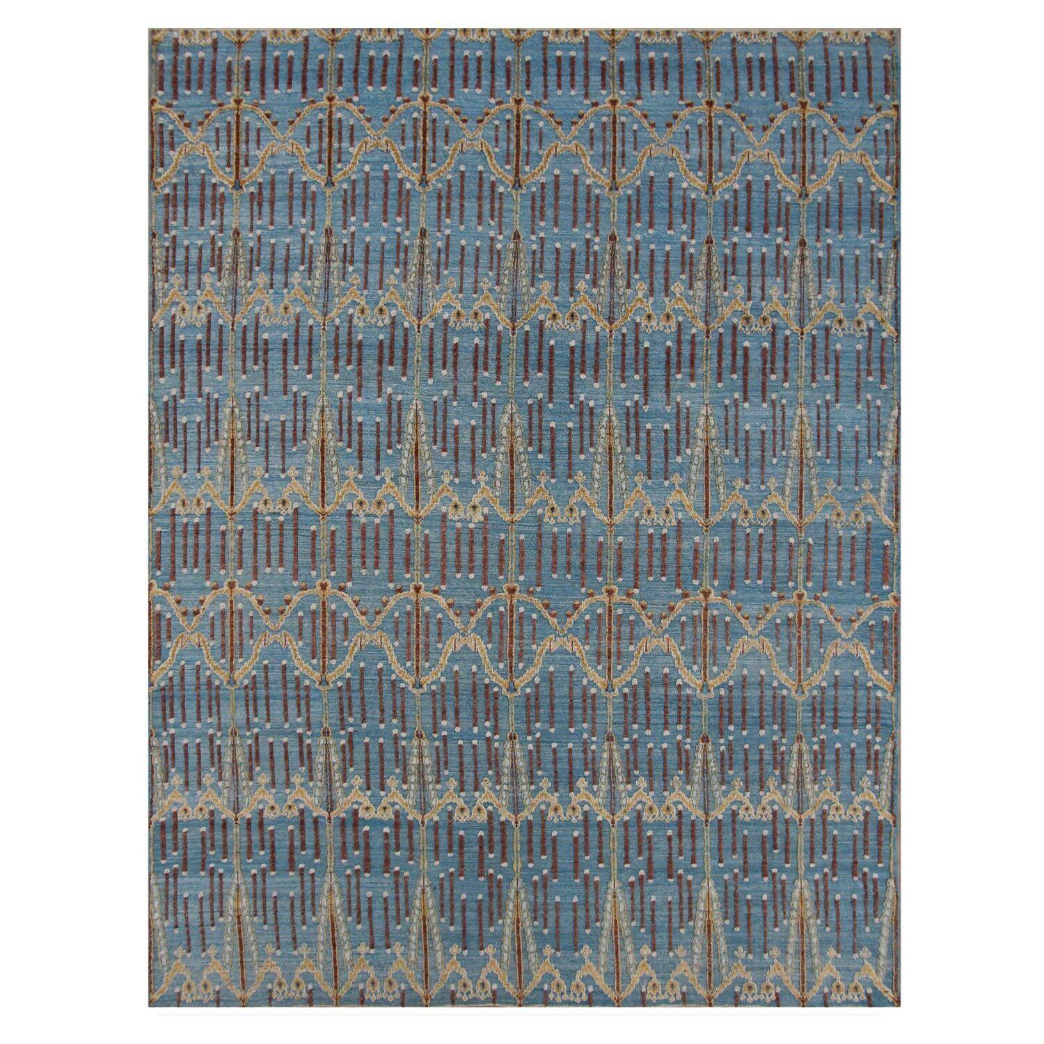 Blue Victoria Hand-Knotted Wool Rug For Sale