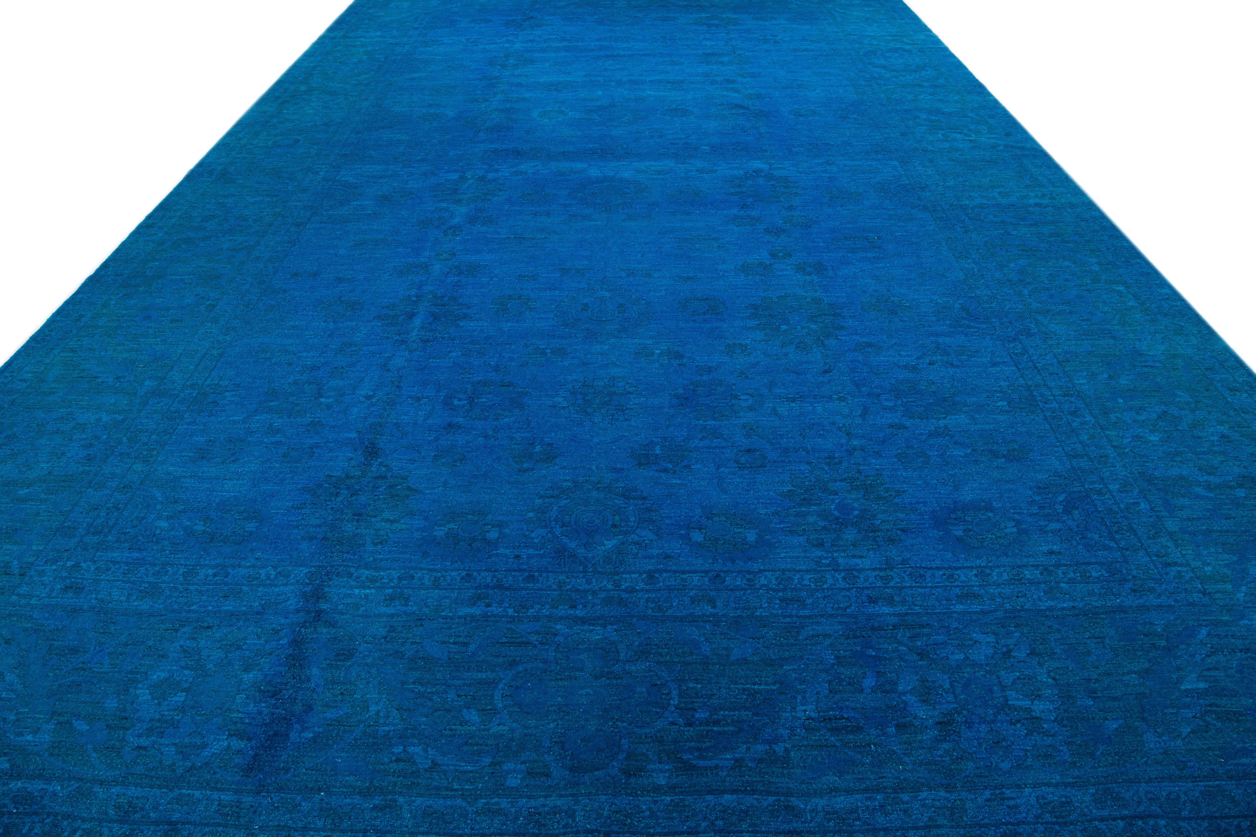 Hand-Knotted Blue Vintage Allover Motif Handmade Overdyed Wool Rug For Sale