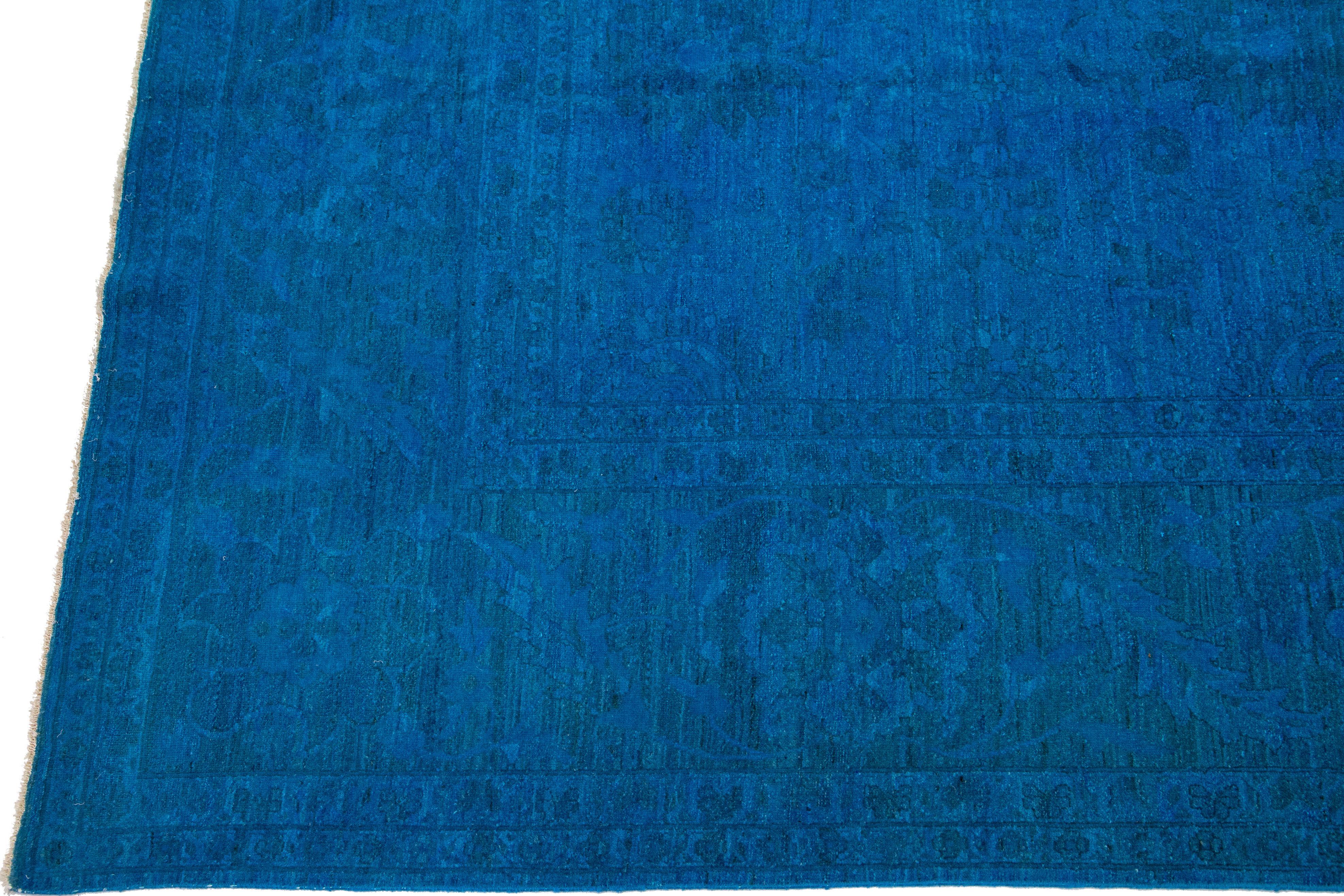 Blue Vintage Allover Motif Handmade Overdyed Wool Rug In Good Condition For Sale In Norwalk, CT