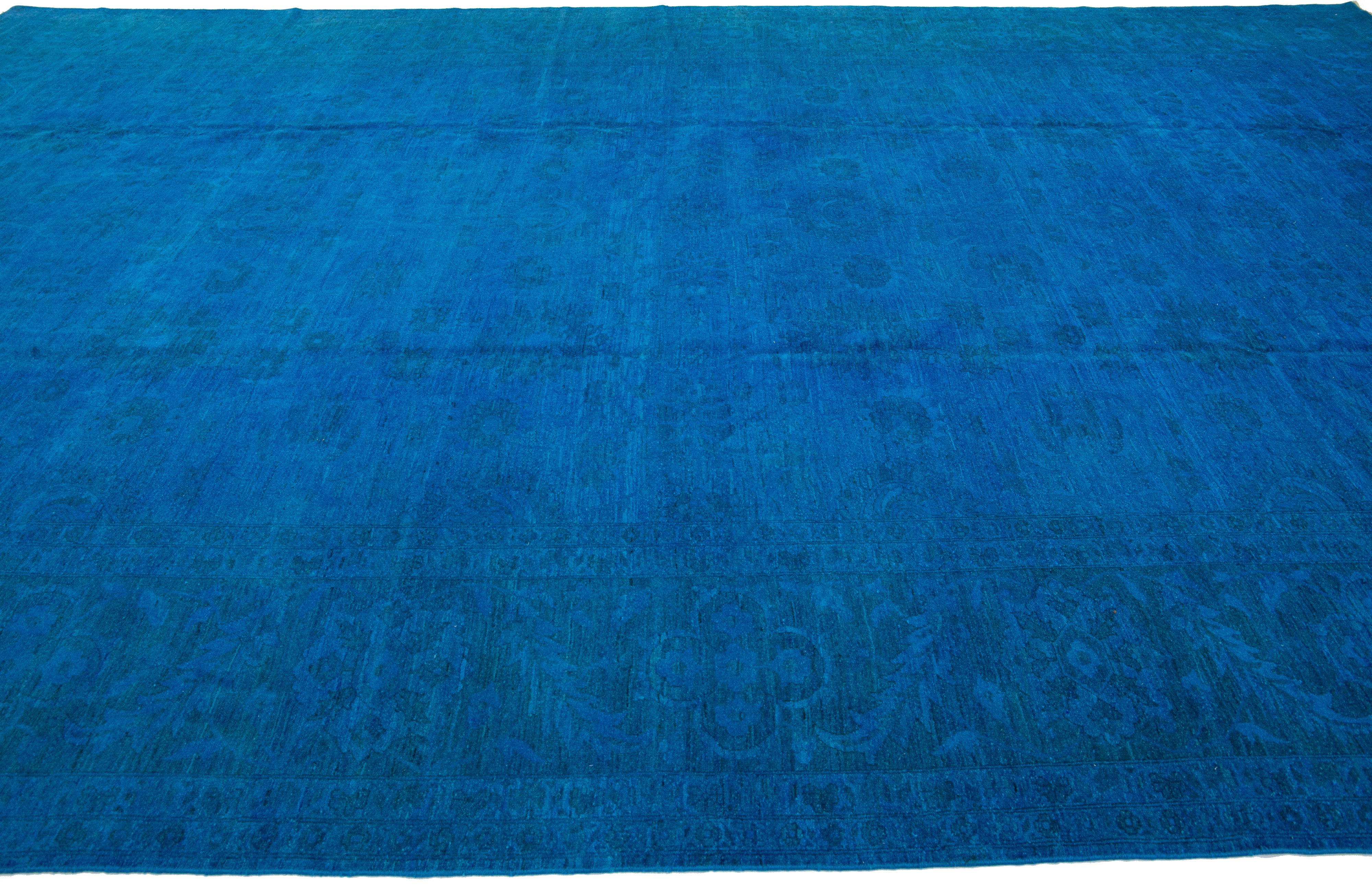 20th Century Blue Vintage Allover Motif Handmade Overdyed Wool Rug For Sale