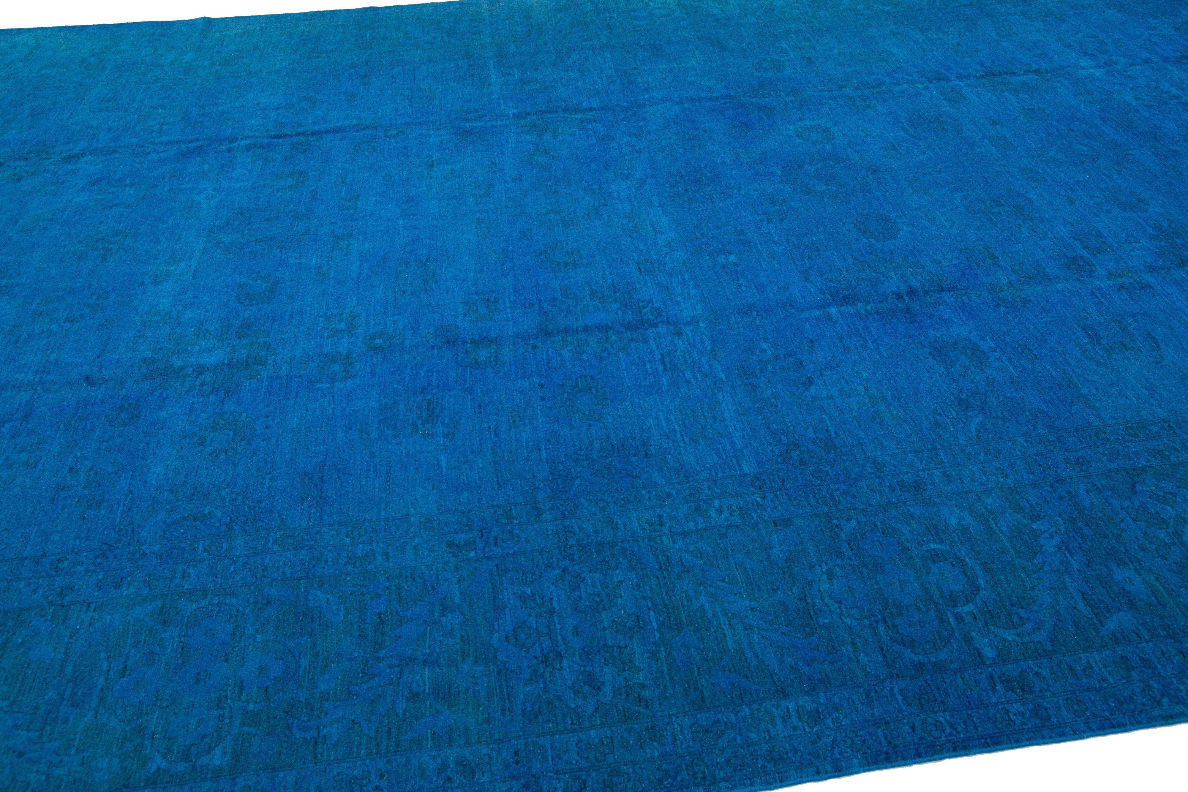 Blue Vintage Allover Motif Handmade Overdyed Wool Rug For Sale 2