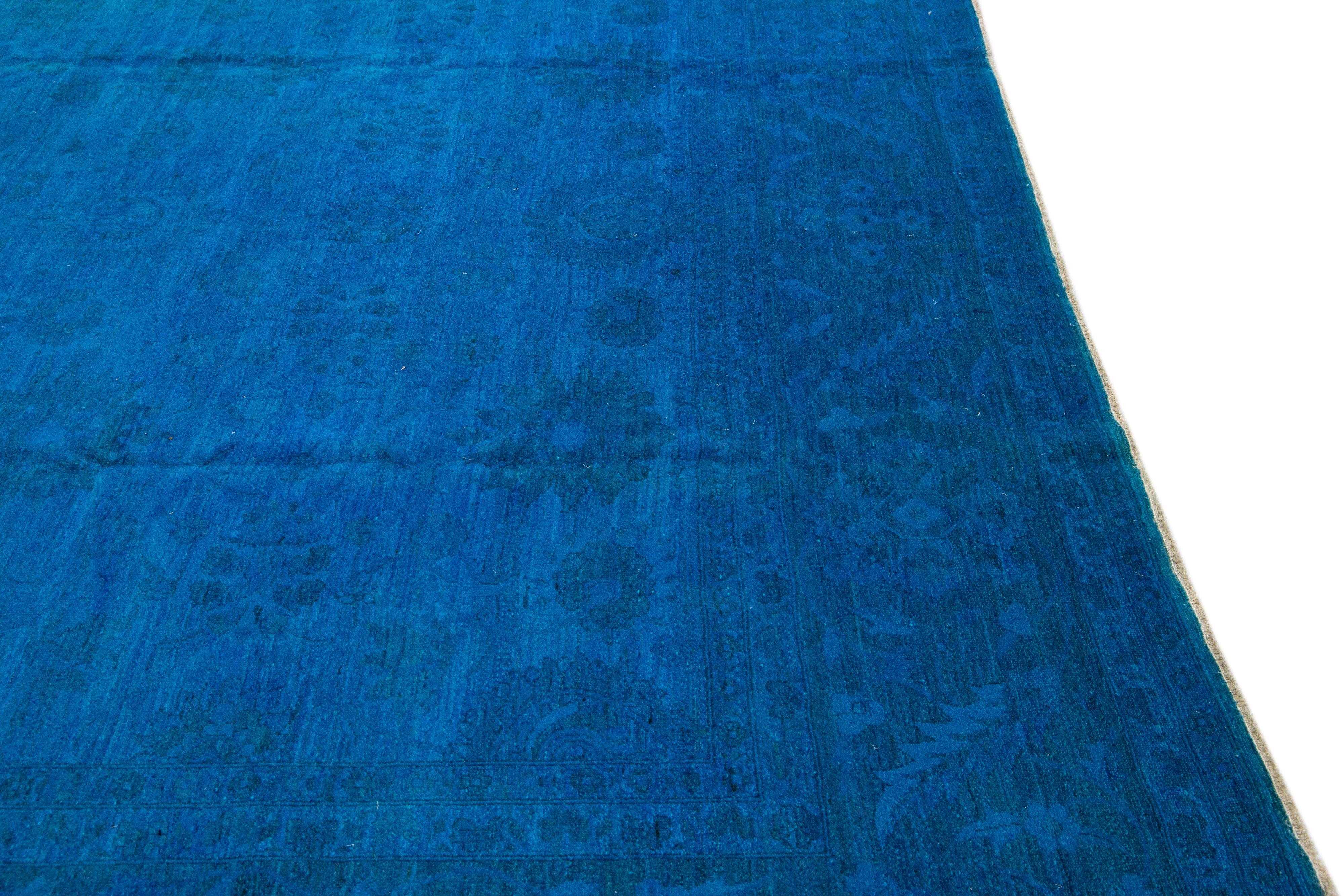 Blue Vintage Allover Motif Handmade Overdyed Wool Rug For Sale 3