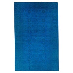 Tappeto in lana sovratinto a mano con motivo Allover blu vintage