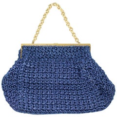 Blue Vintage Boho Crochet Textile Metal Handle Bag 1960s