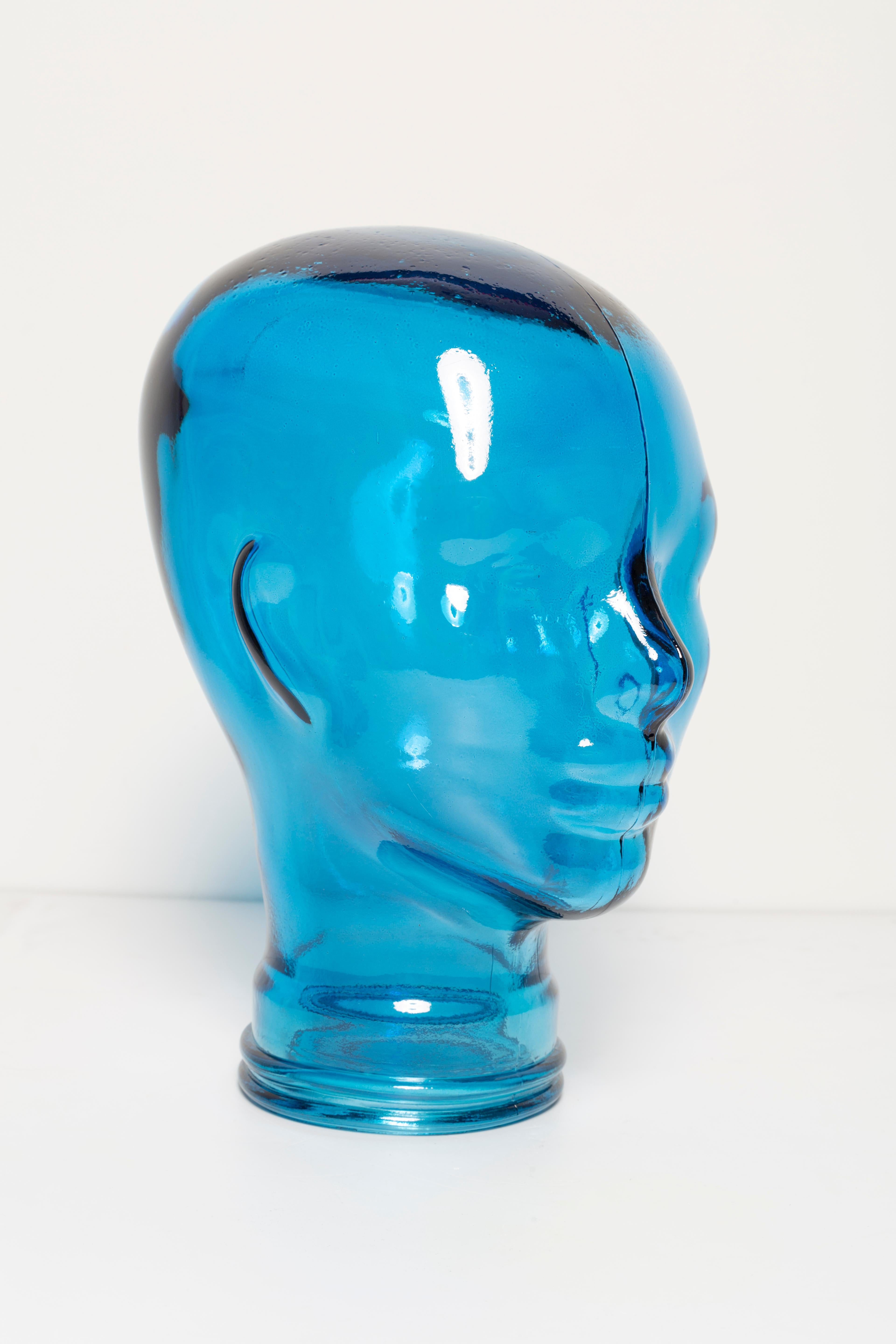Mid-Century Modern Blue Vintage Decorative Mannequin Glass Head Sculpture, 1970s, Germany For Sale