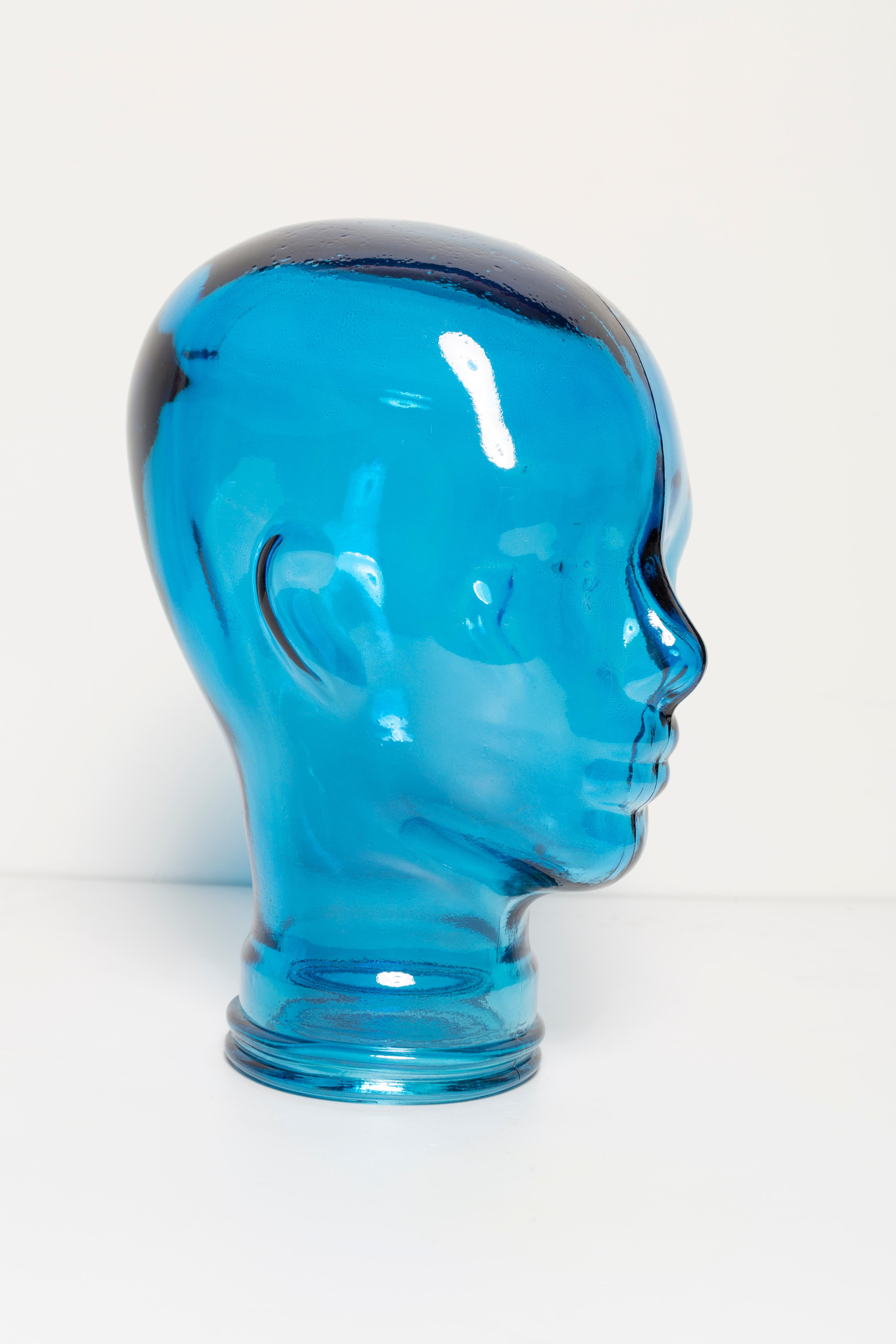 Blue Vintage Decorative Mannequin Glass Head Sculpture, 1970s, Germany In Good Condition For Sale In 05-080 Hornowek, PL