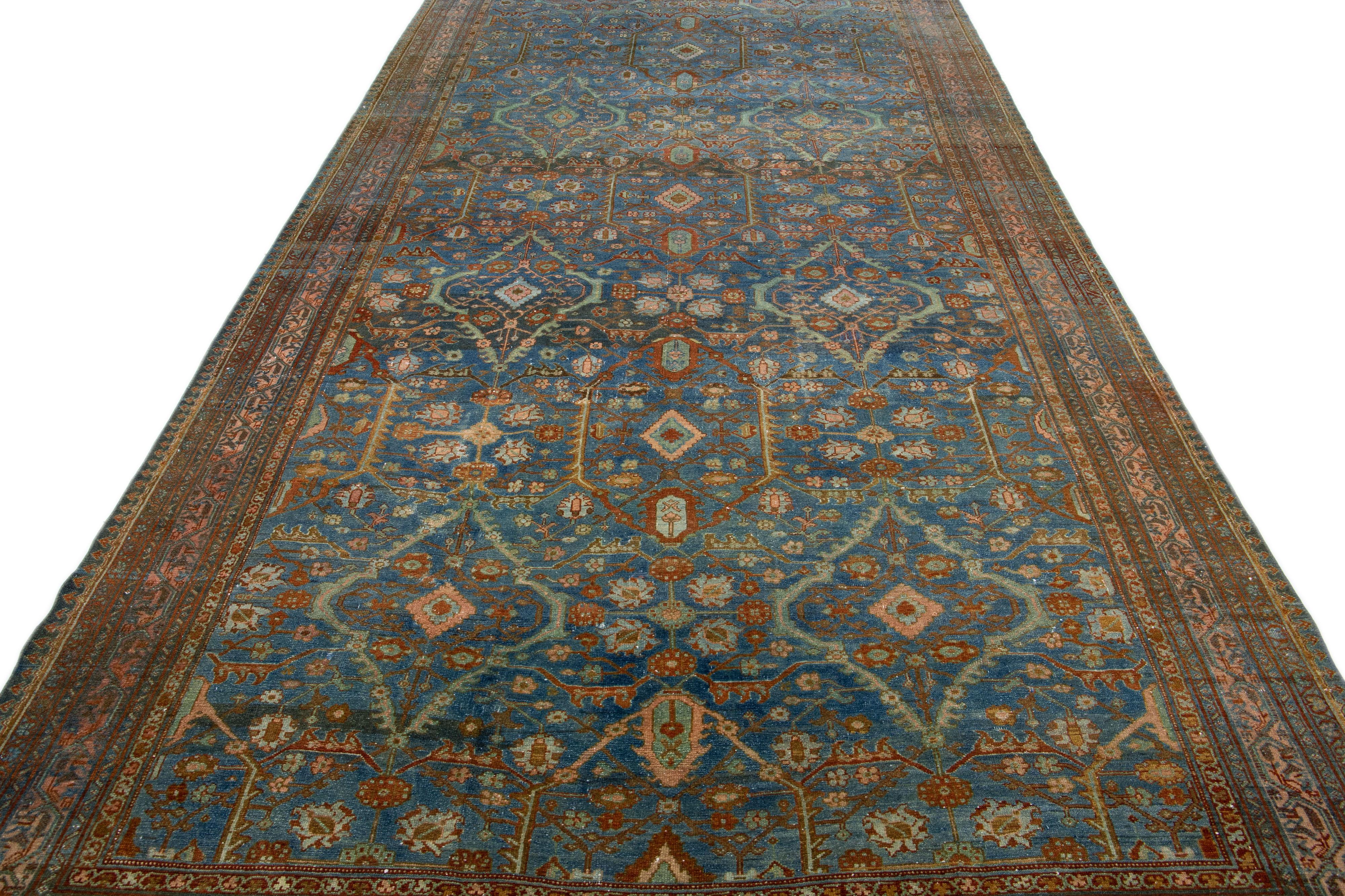 Islamic Blue Vintage Hamadan Handmade Medallion Floral  Motif Wool Runner For Sale