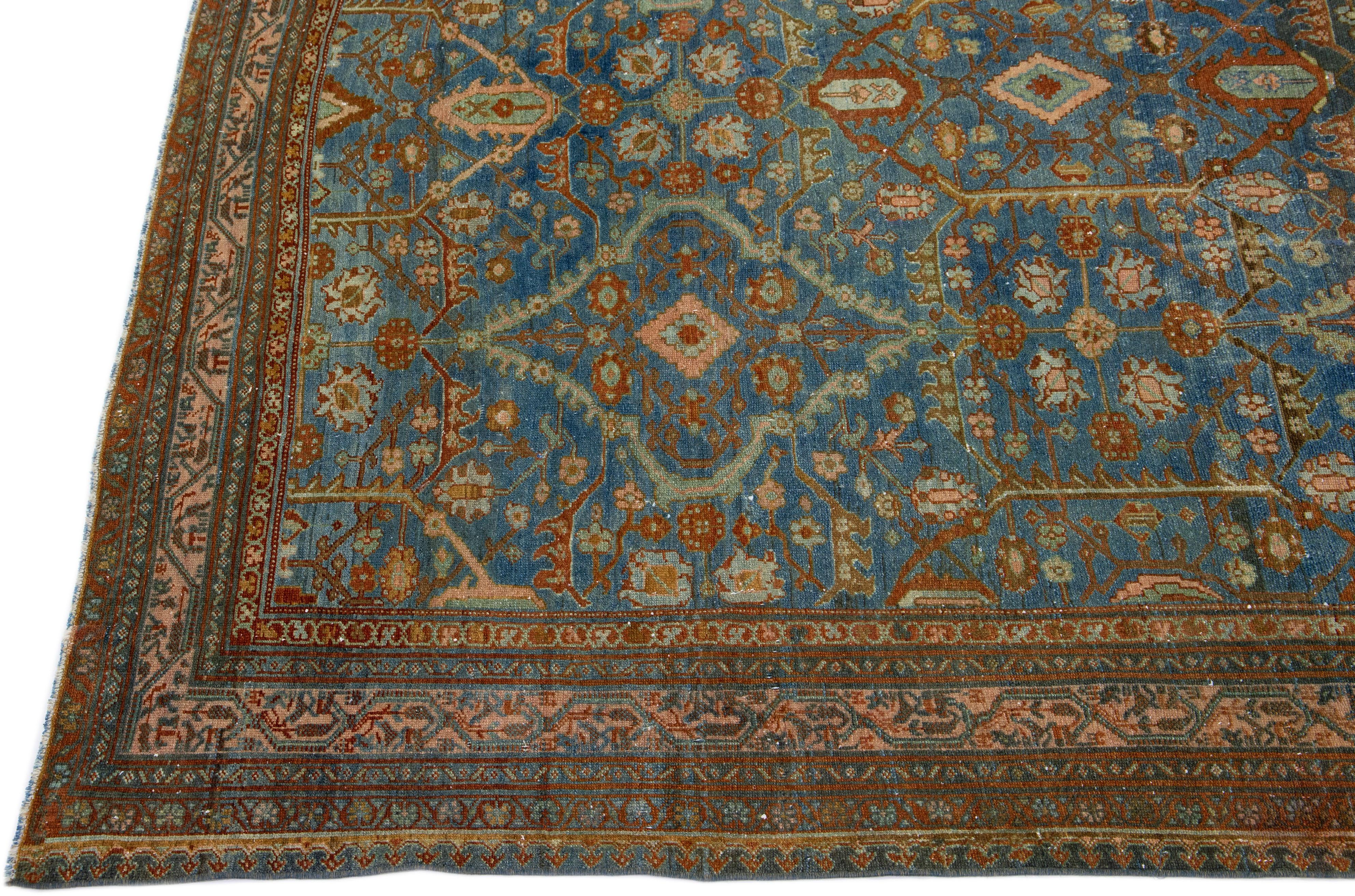 Persian Blue Vintage Hamadan Handmade Medallion Floral  Motif Wool Runner For Sale