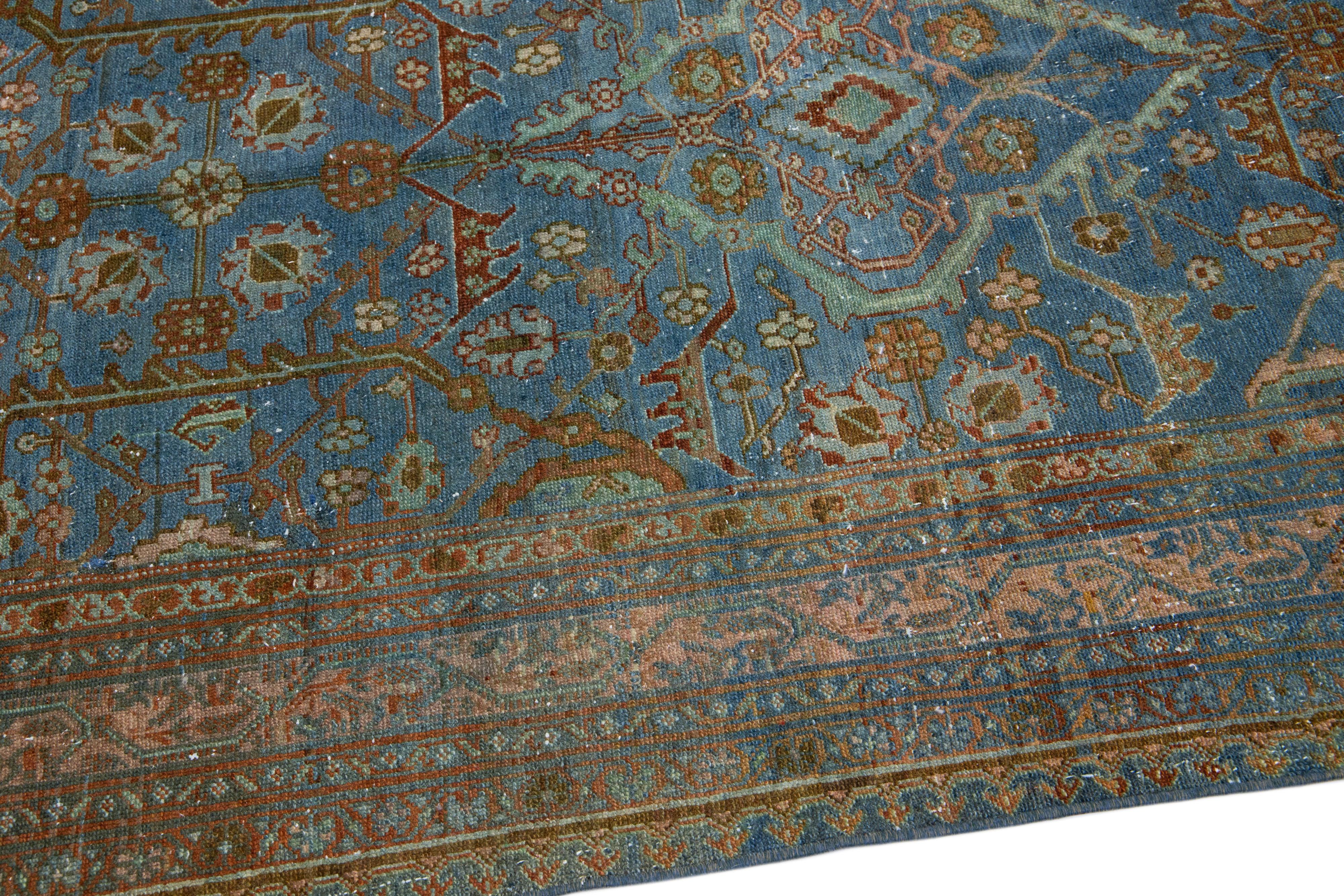 Hand-Knotted Blue Vintage Hamadan Handmade Medallion Floral  Motif Wool Runner For Sale