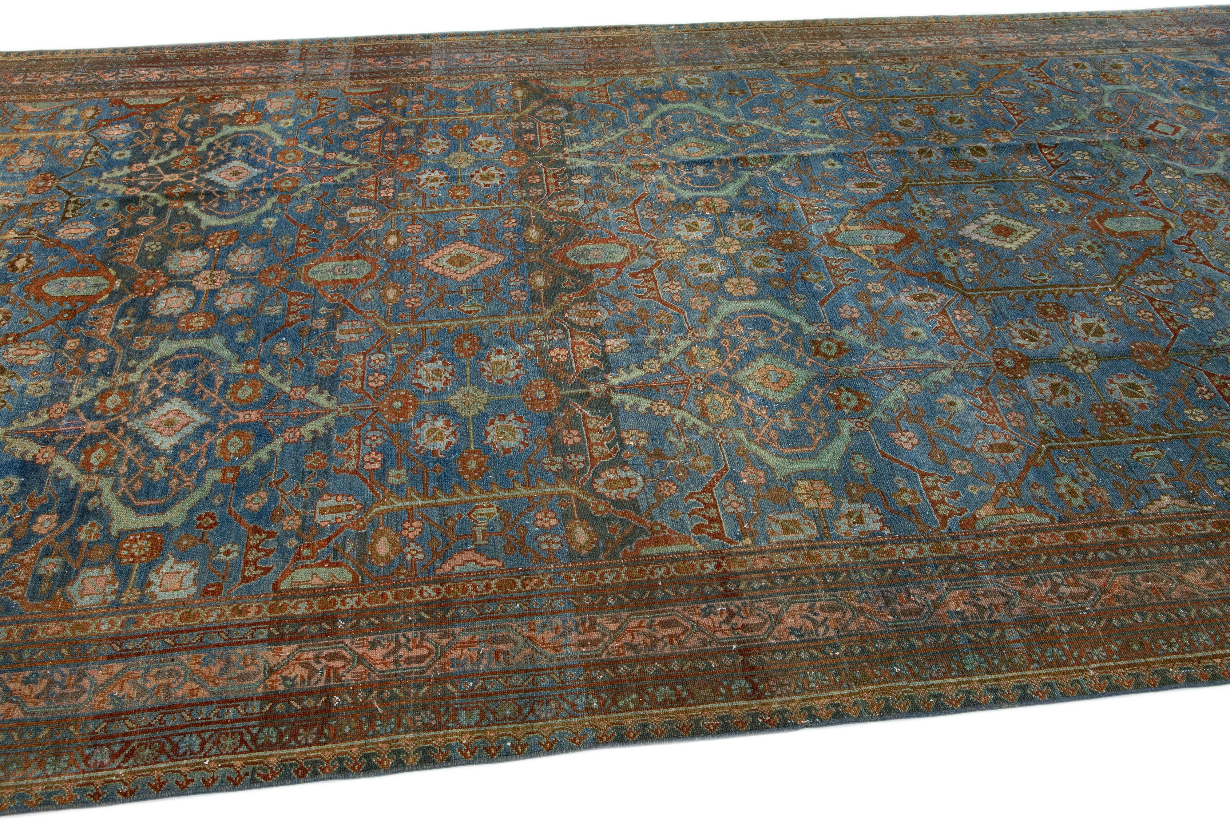 Blue Vintage Hamadan Handmade Medallion Floral  Motif Wool Runner In Excellent Condition For Sale In Norwalk, CT