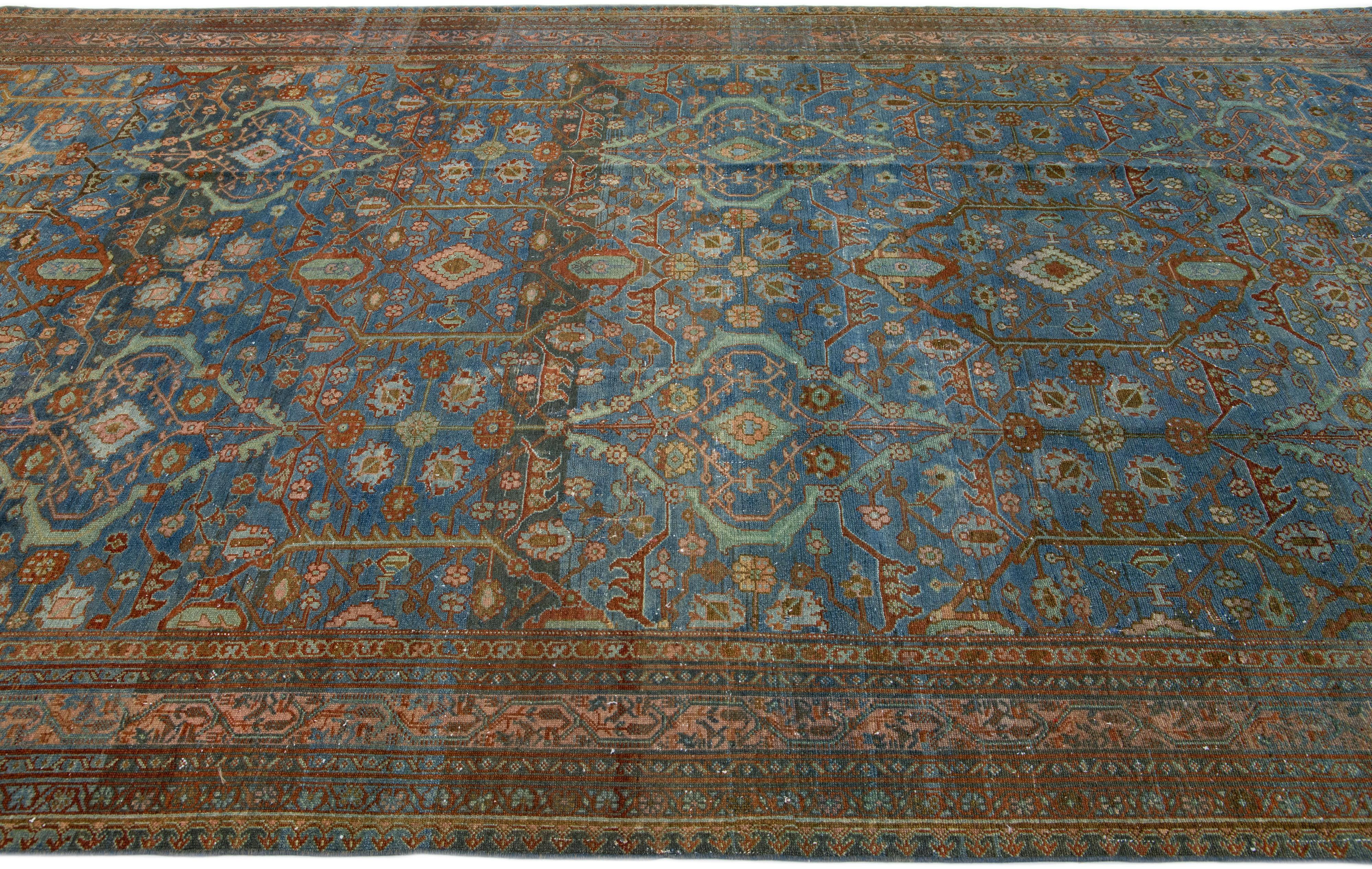 20th Century Blue Vintage Hamadan Handmade Medallion Floral  Motif Wool Runner For Sale