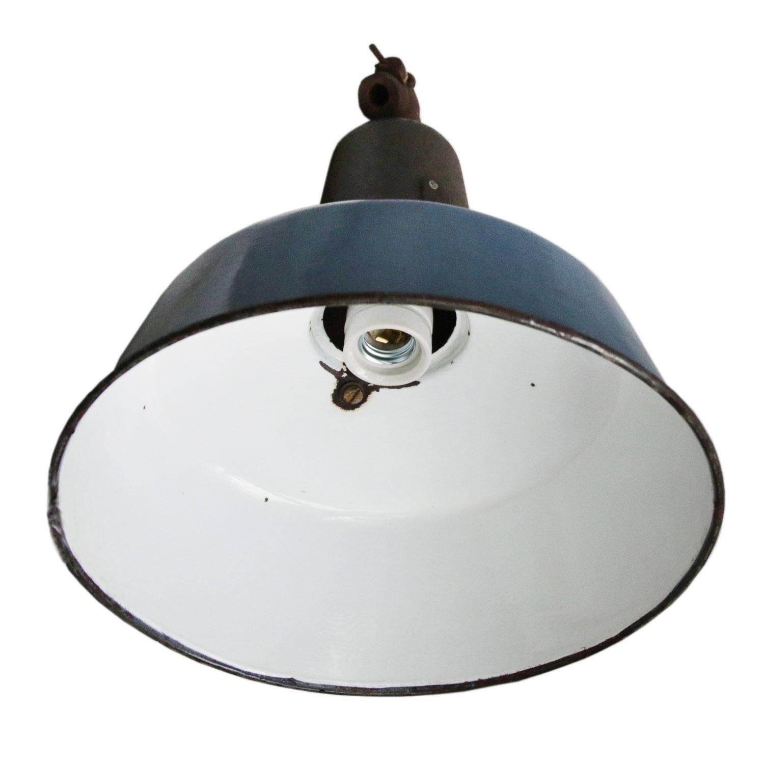 Industrial pendant.
Blue enamel. White interior. Cast iron top.

Weight: 4.0 kg / 8.8 lb

All lamps have been made suitable by international standards for incandescent light bulbs, energy-efficient and LED bulbs. E26/E27 bulb holders and new