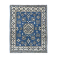 Blue Vintage Look Kazak Geometric Design Hand Knotted Oriental Rug Blue Vintage Look Kazak Geometric Design Hand Knotted Oriental Rug