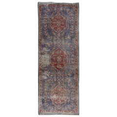 Blue Vintage Look Persian Tabriz Wide Runner Hand Knotted Bohemian Rug