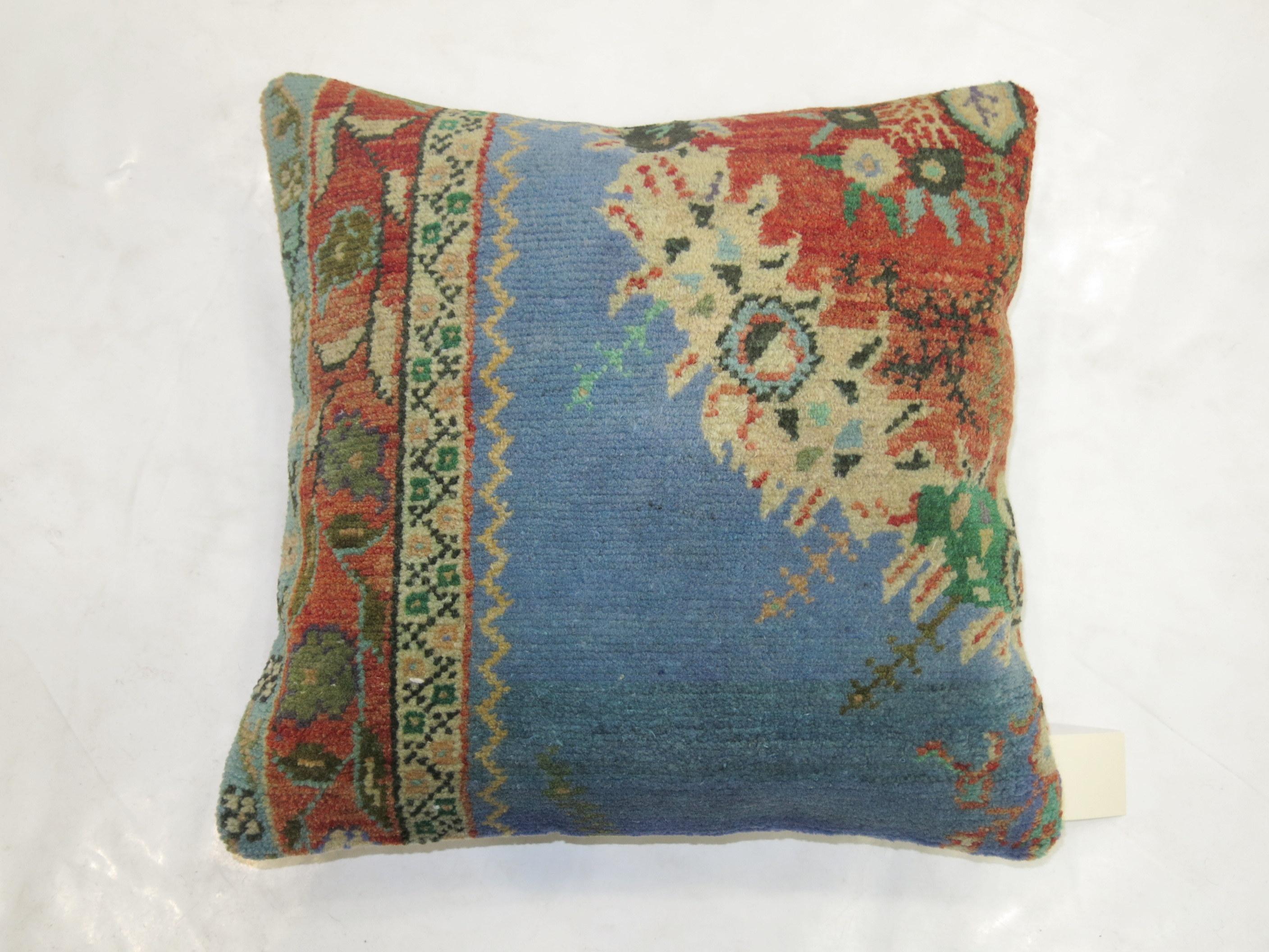 Late Victorian Blue Vintage Medallion Turkish Rug Pillow For Sale