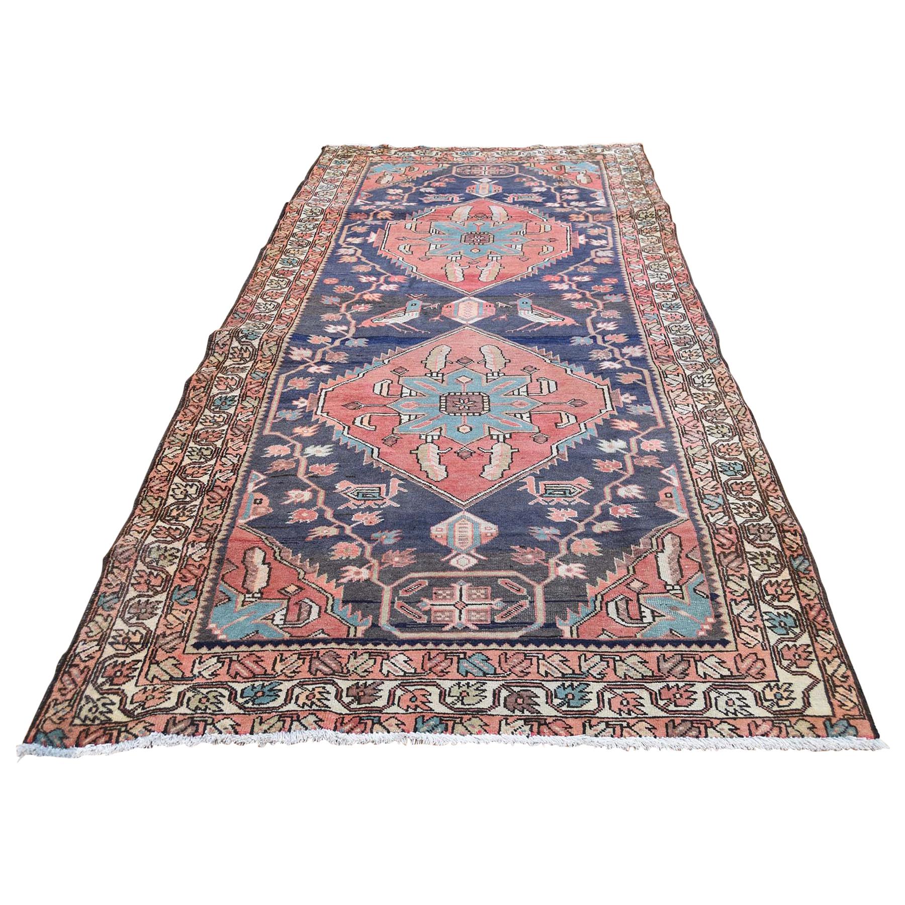 Blue Vintage North West Persian Bohemian Wide Runner Pure Wool Hand Knotted Orie