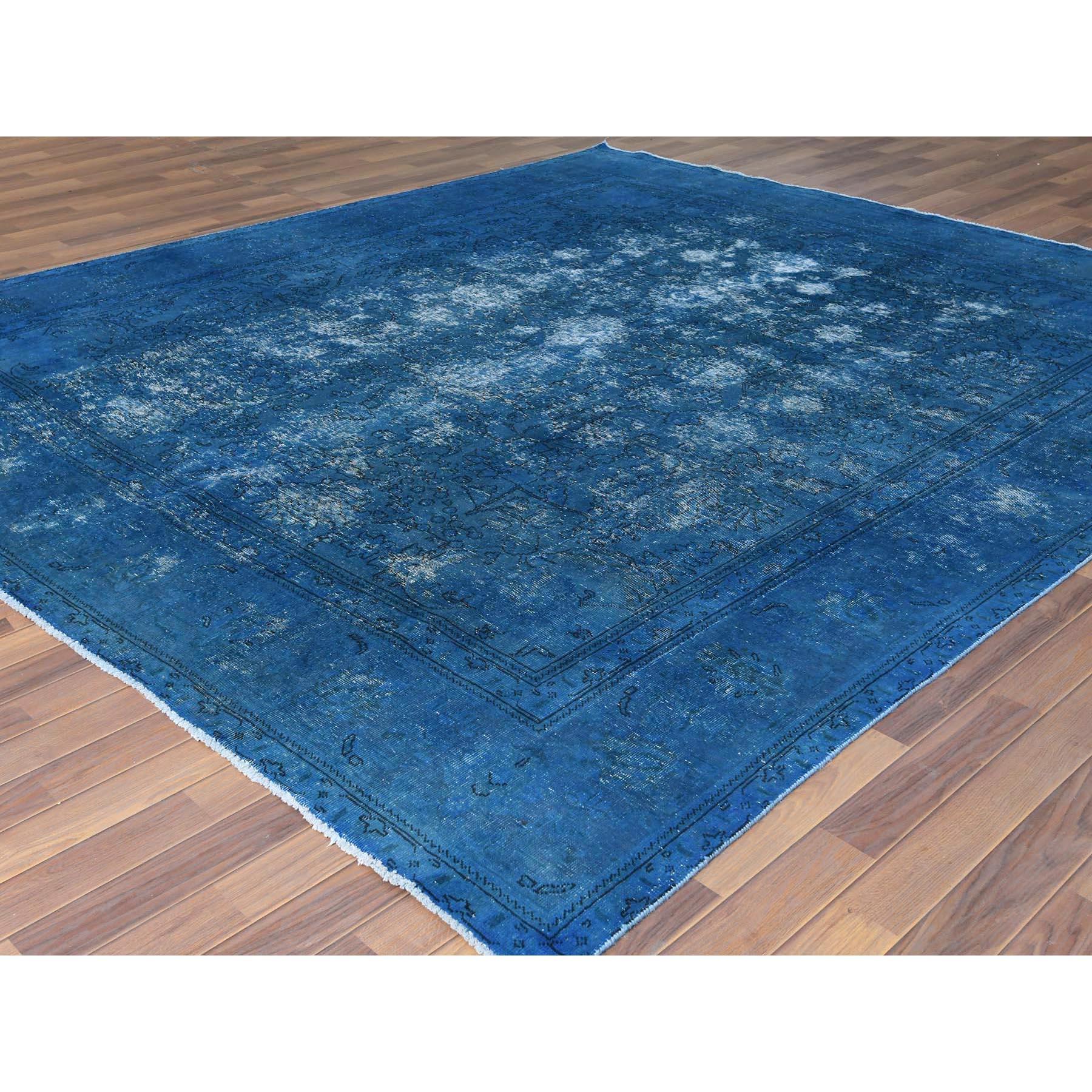 Hand-Knotted Blue Vintage Overdyed Persian Tabriz Distressed Shaved Down Hand Knotted Rug For Sale