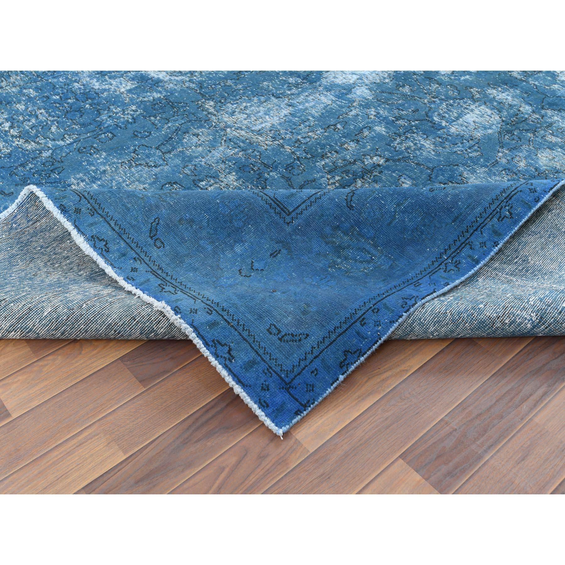 Wool Blue Vintage Overdyed Persian Tabriz Distressed Shaved Down Hand Knotted Rug For Sale