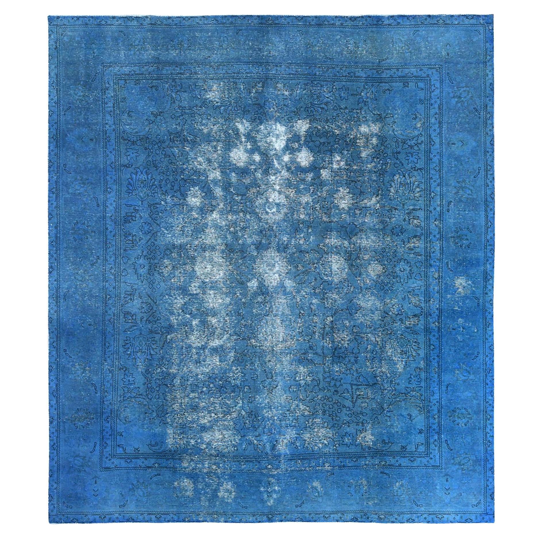 Blue Vintage Overdyed Persian Tabriz Distressed Shaved Down Hand Knotted Rug For Sale