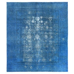 Blue Vintage Overdyed Persian Tabriz Distressed Shaved Down Hand Knotted Rug