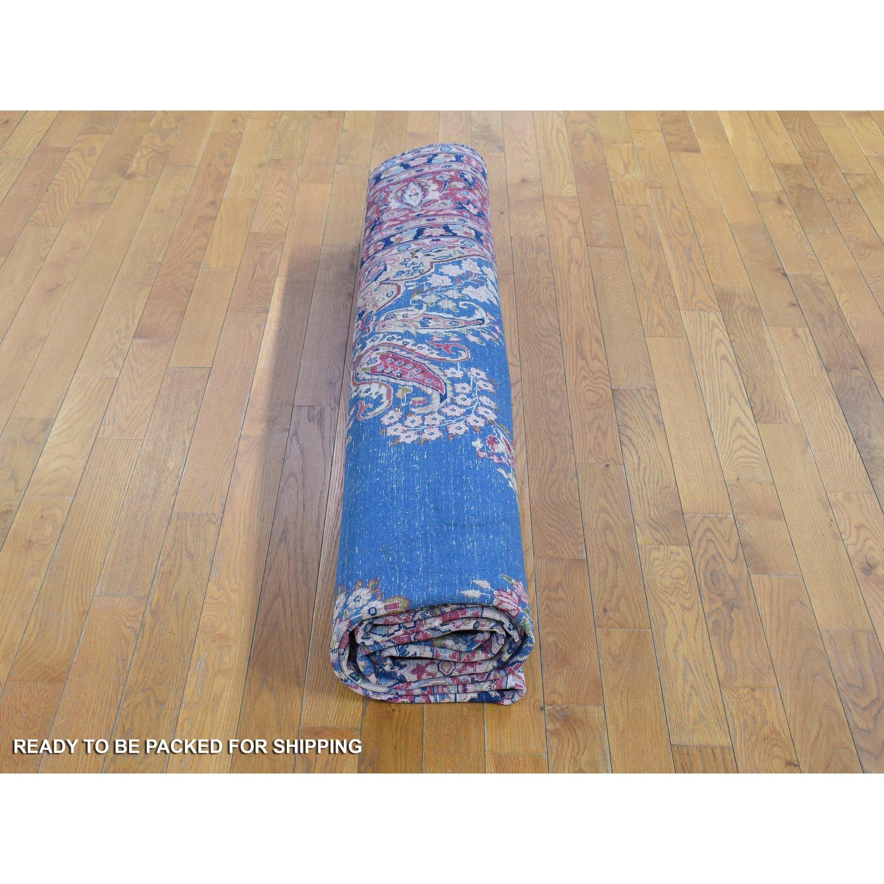 Handgeknüpfter persischer Kerman-Teppich in Blau aus Wolle in Distressed-Look, Vintage im Angebot 6