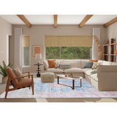 Tappeto blu vintage in lana annodata a mano Kerman Cropped Thin Distressed Look