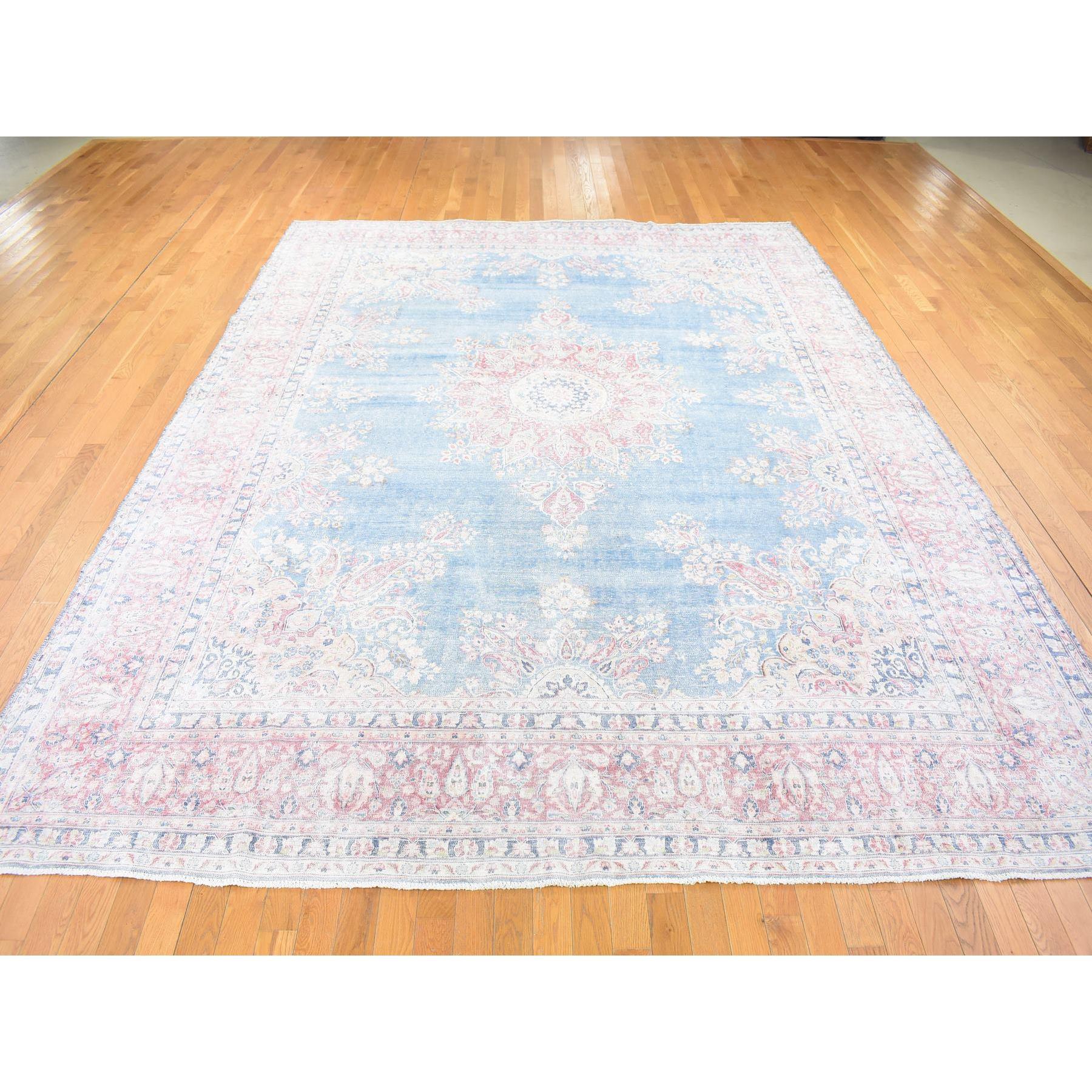 Hand-Knotted Blue Vintage Persian Kerman Cropped Thin Distressed Look Wool Hand Knotted Rug For Sale