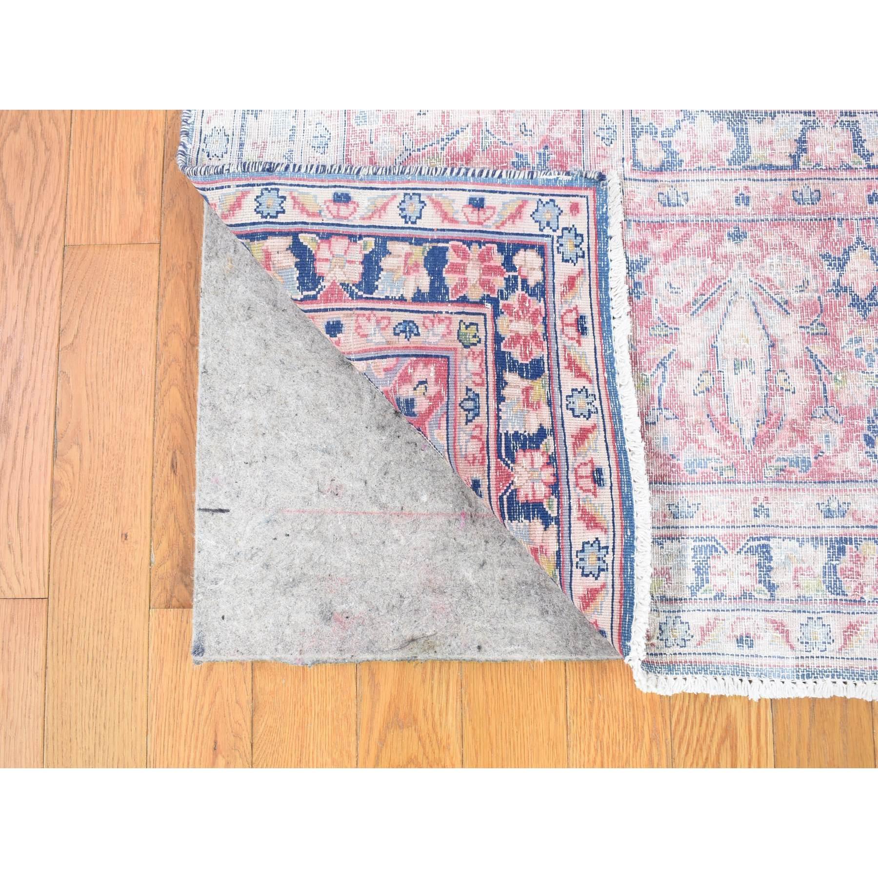 Blue Vintage Persian Kerman Cropped Thin Distressed Look Wool Hand Knotted Rug In Good Condition For Sale In Carlstadt, NJ