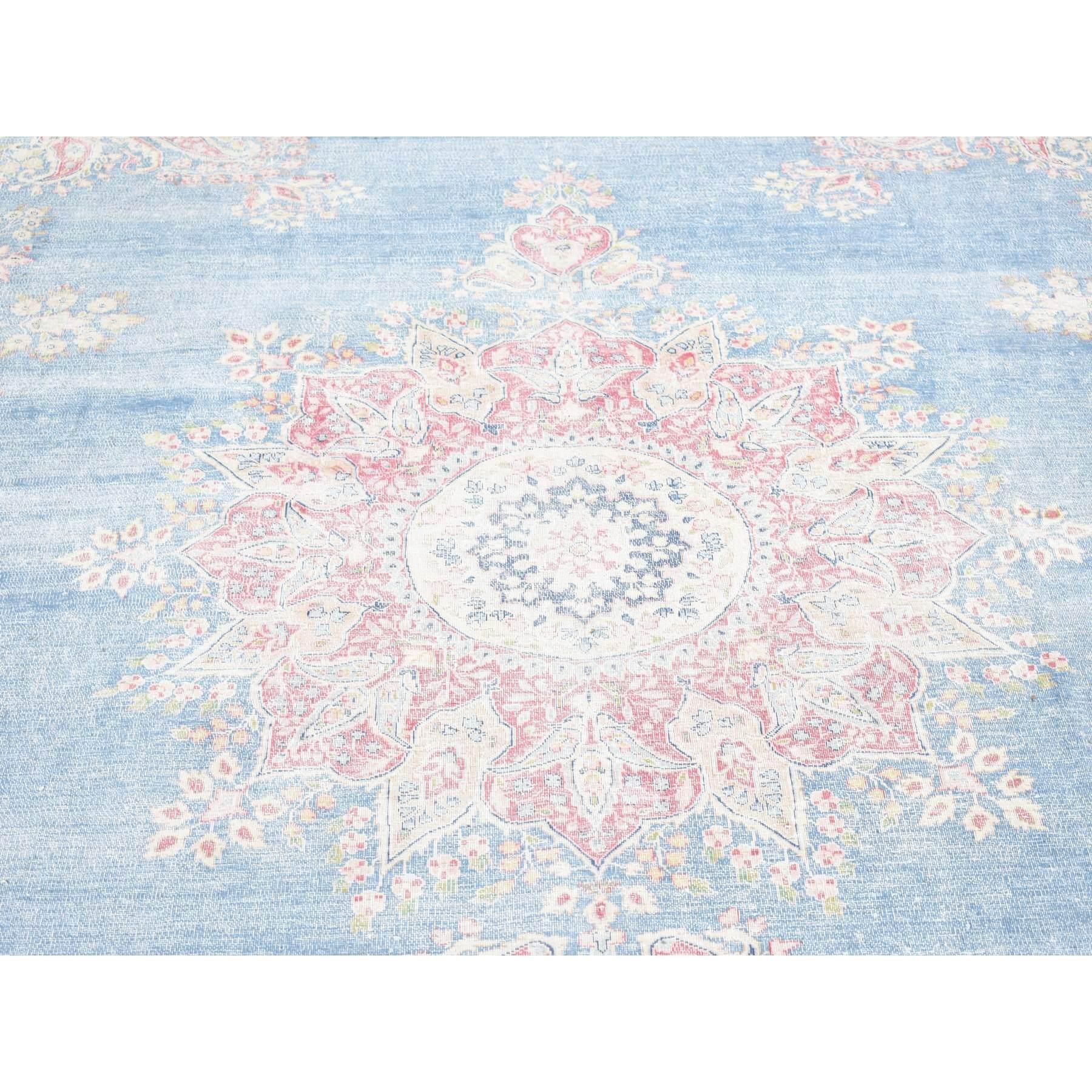Blue Vintage Persian Kerman Cropped Thin Distressed Look Wool Hand Knotted Rug For Sale 3
