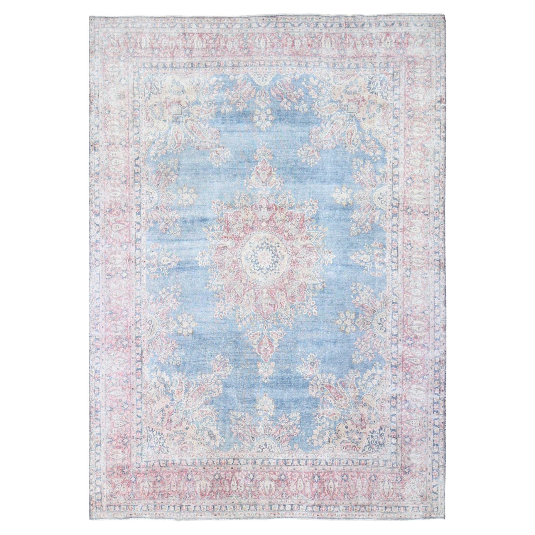 Blue Vintage Persian Kerman Cropped Thin Distressed Look Wool Hand Knotted Rug For Sale