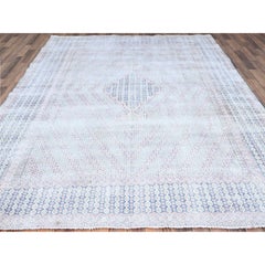 Blue Vintage Zoroastrian Karman Erased Medallion Wool Hand Knotted Cleaned Rug