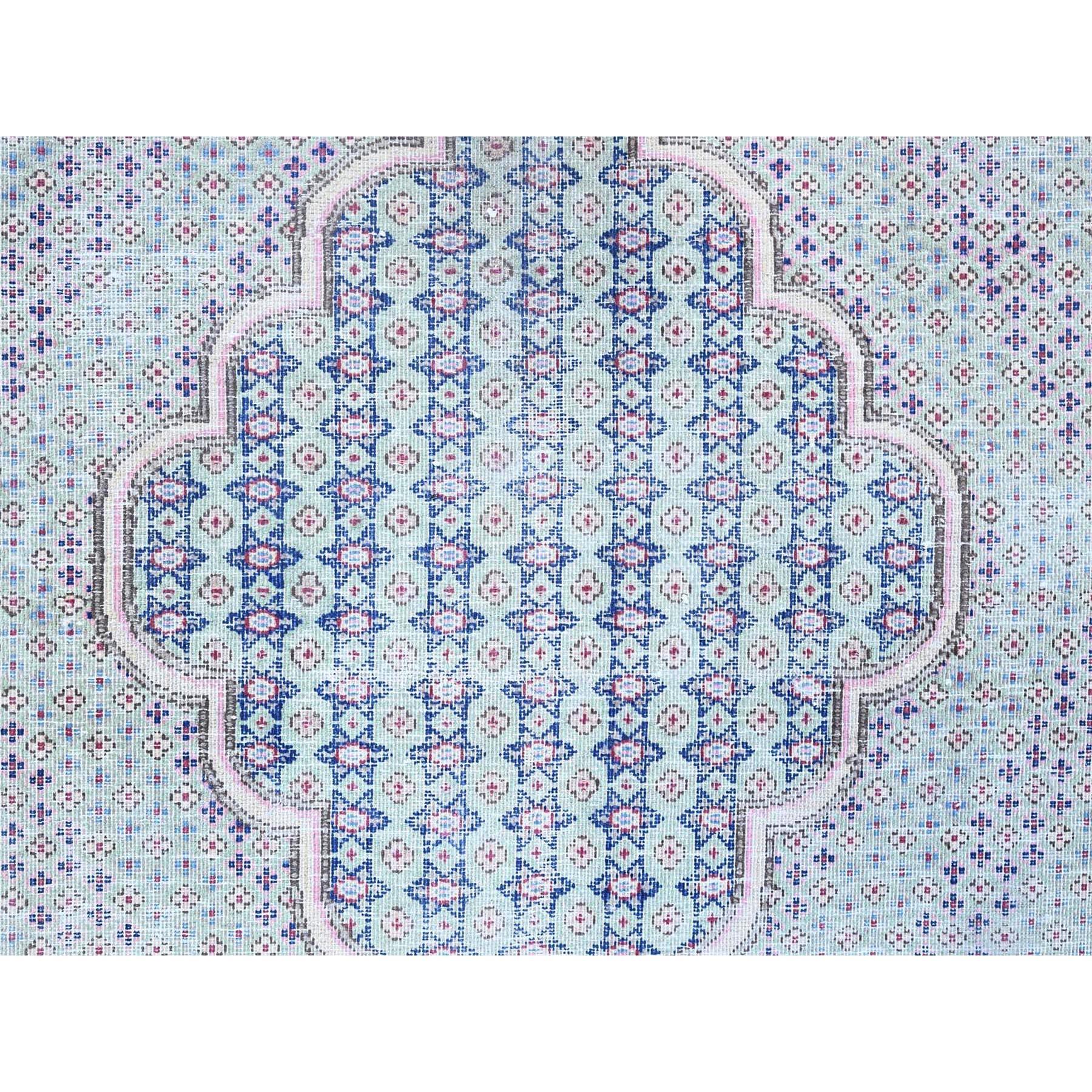 Blue Vintage Persian Kerman Erased Medallion Worn Wool Hand Knotted Cleaned Rug For Sale 3