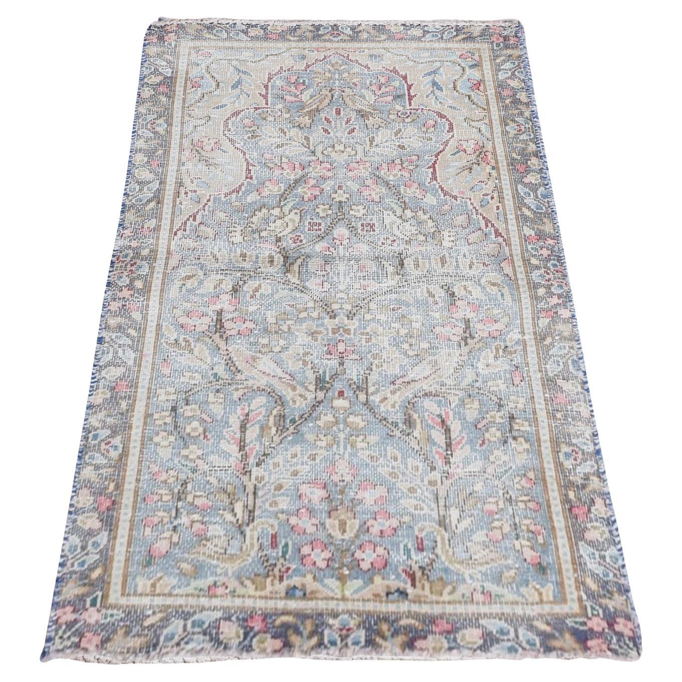 Blue Vintage Persian Kerman Leaf and Bird Design Hand Knotted Wool Rug 1'9"x3'7" For Sale