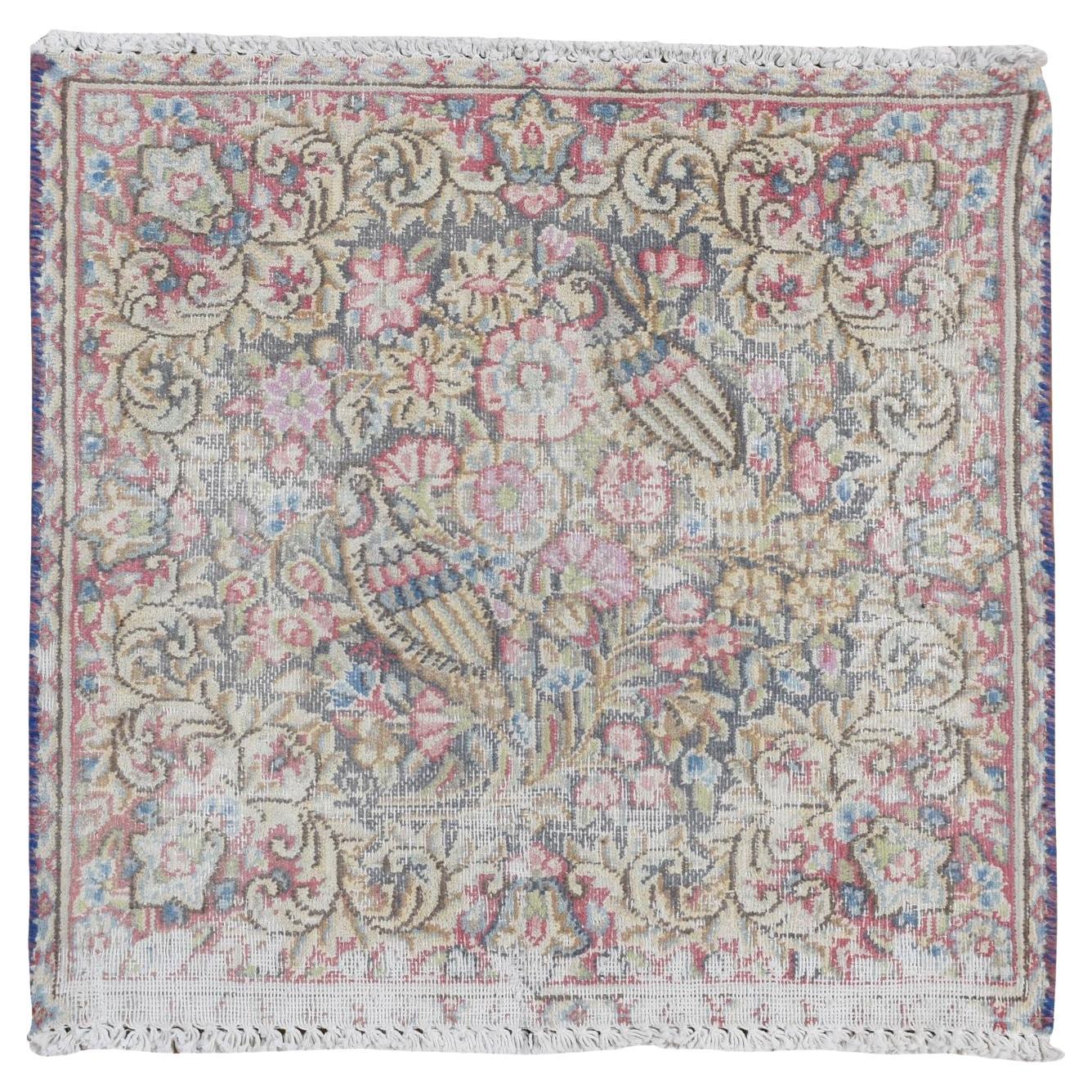 Blue Vintage Persian Kerman Worn Down Hand Knotted All Wool Square Rug 1'9"x1'9" For Sale