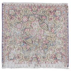 Blue Vintage Persian Kerman Worn Down Hand Knotted All Wool Square Rug 1'9"x1'9"