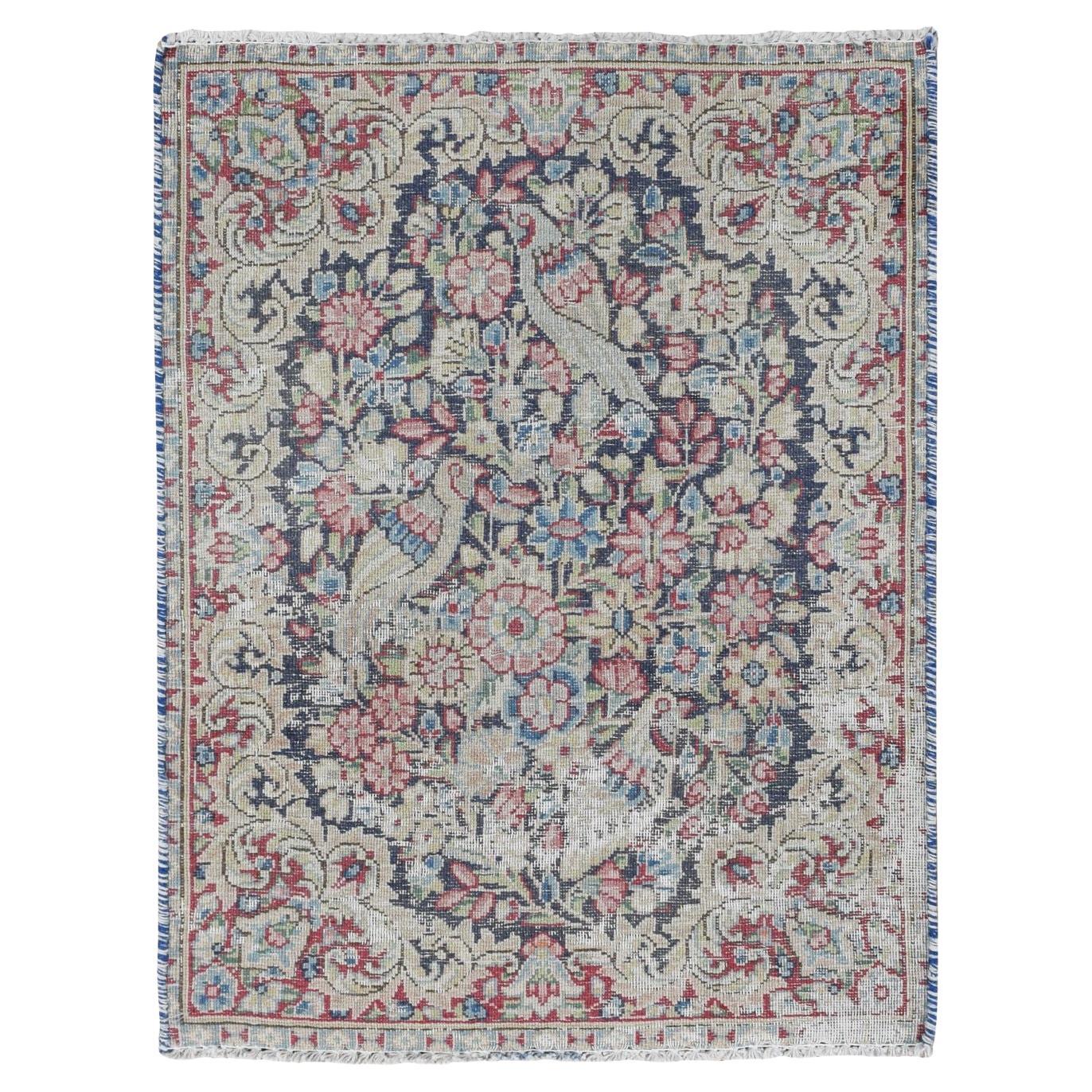 Blue Vintage Persian Kerman Worn Down Hand Knotted Pure Wool Mat Rug 1'7"x2'2" For Sale