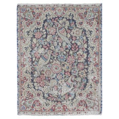 Blue Vintage Persian Kerman Worn Down Hand Knotted Pure Wool Mat Rug 1'7"x2'2"