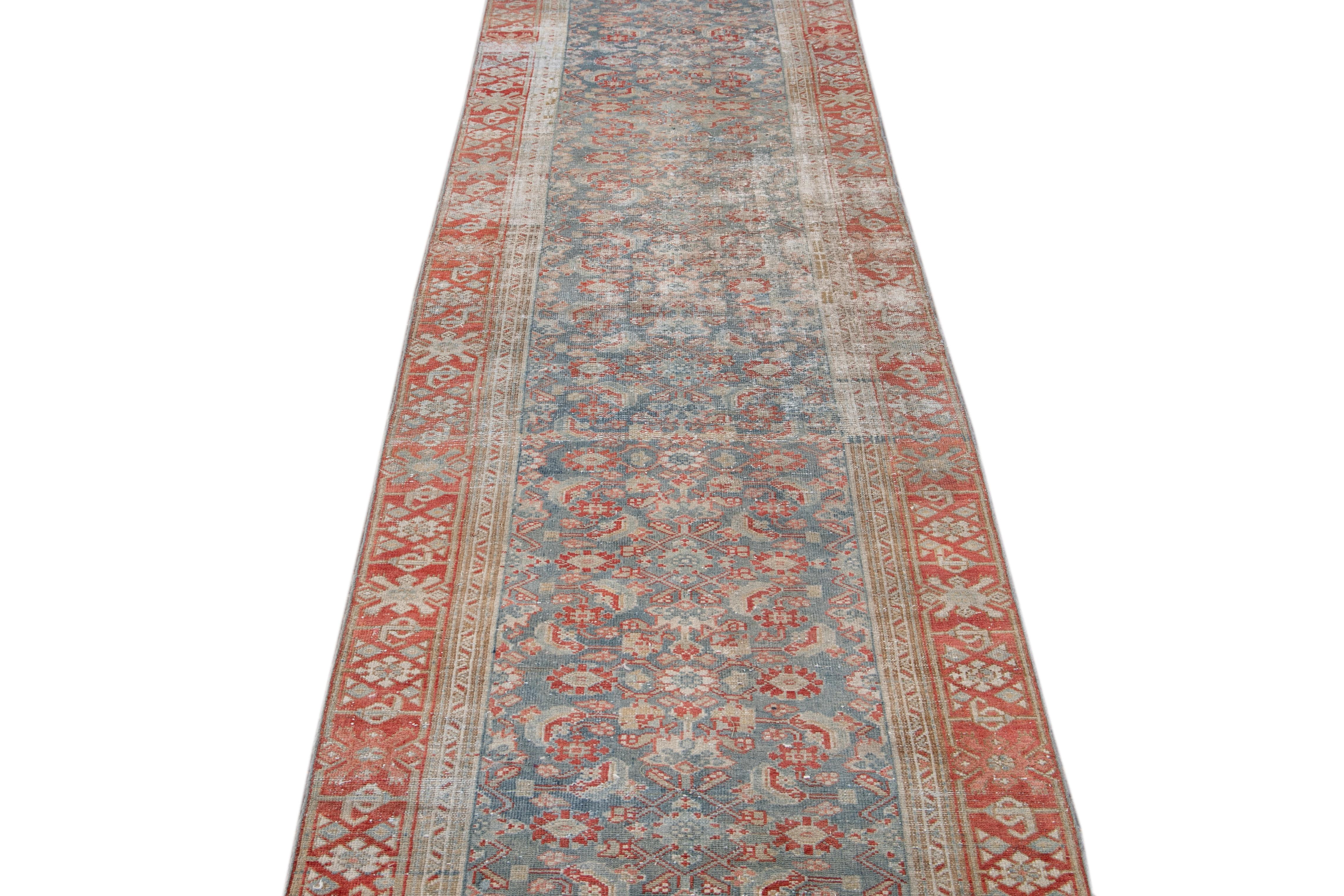 Hand-Knotted Blue Vintage Persian Malayer Handmade Wool Runner For Sale