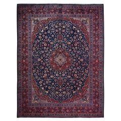 Blue Vintage Persian Meshad Medallion Design Hand Knotted All Wool Rug