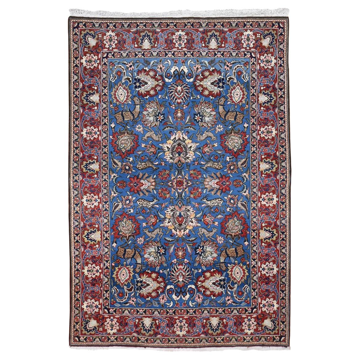 Blauer Vintage Persian Qum Voller Flor Ausgezeichneter Zustand Handgeknüpfter Orientteppich